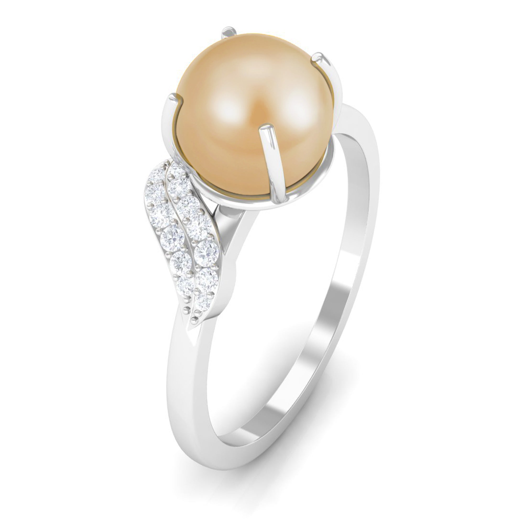 Classic South Sea Pearl Solitaire Ring with Diamond Leaf South Sea Pearl - ( AAA ) - Quality - Rosec Jewels