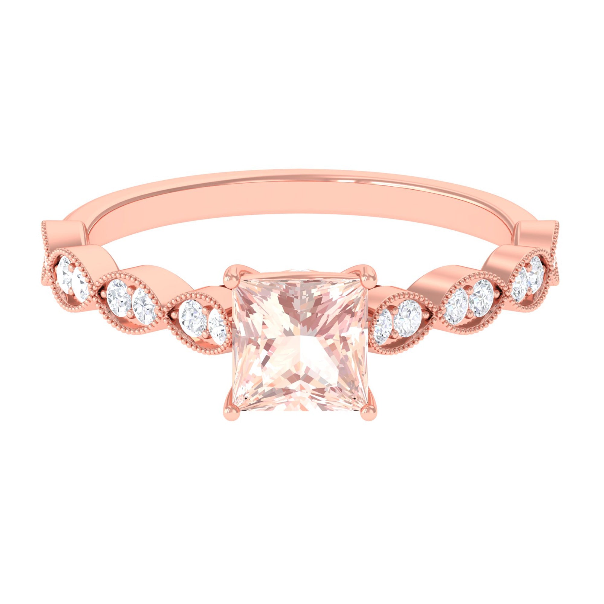 1.25 CT Princess Cut Morganite Solitaire Ring with Diamond Side Stones Morganite - ( AAA ) - Quality - Rosec Jewels