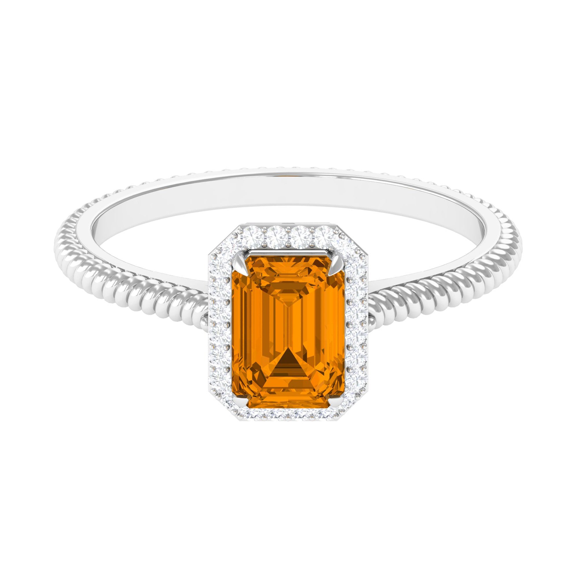 2 CT Emerald Cut Citrine Solitaire Engagement Ring with Diamond Halo Citrine - ( AAA ) - Quality - Rosec Jewels