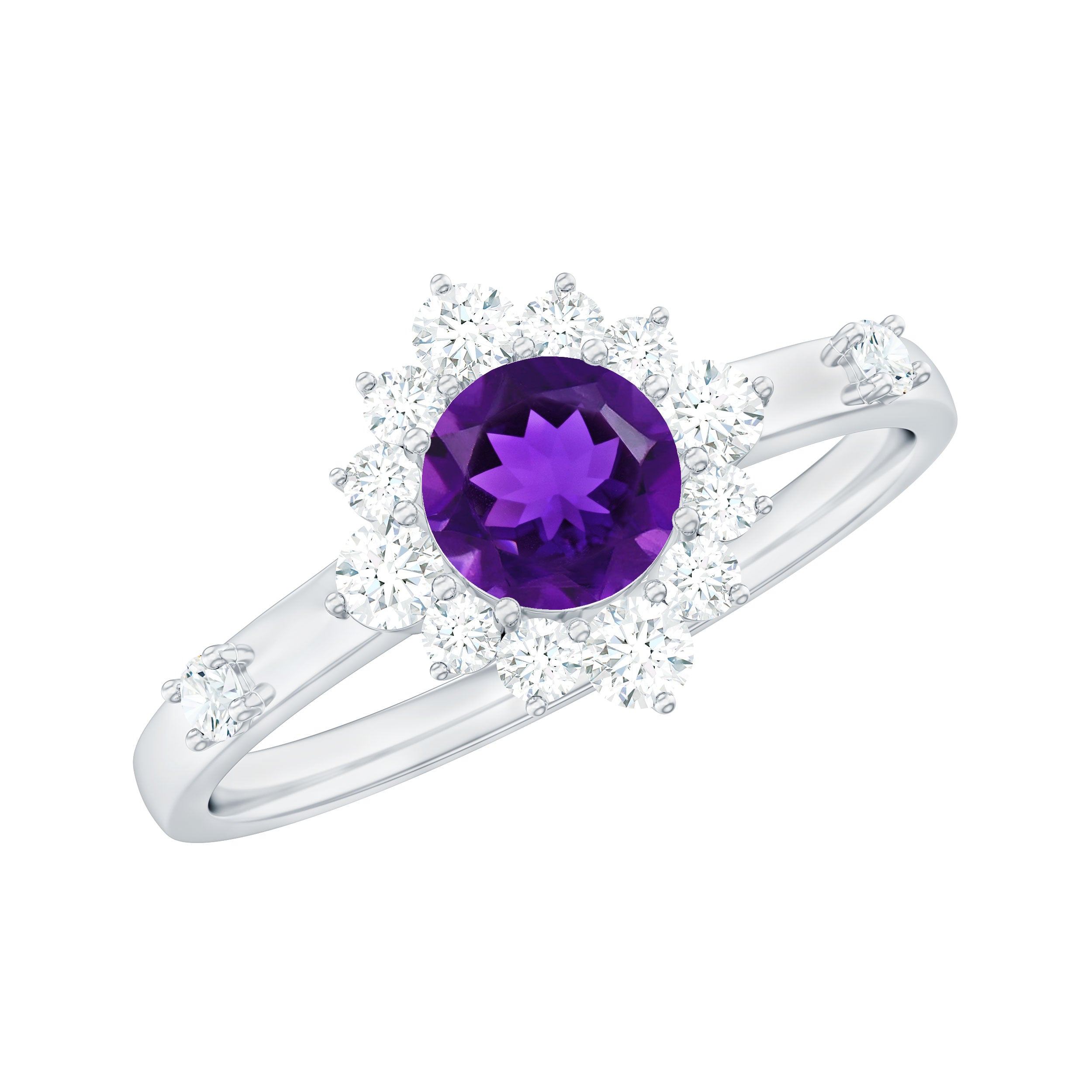 Round Amethyst and Diamond Classic Halo Ring Amethyst - ( AAA ) - Quality - Rosec Jewels