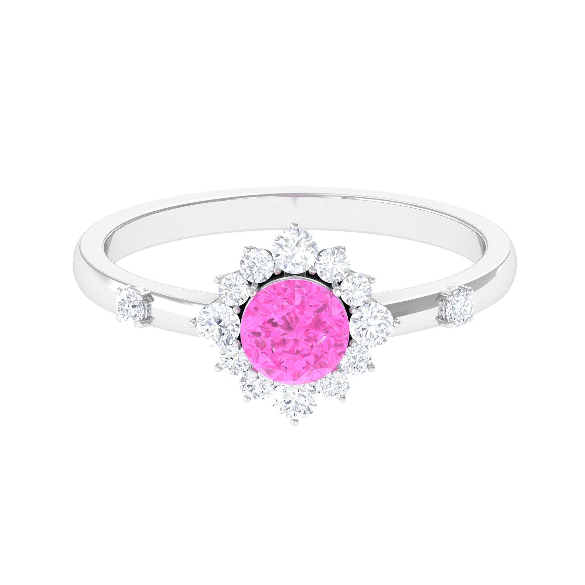 1 CT Round Pink Sapphire and Diamond Halo Engagement Ring Pink Sapphire - ( AAA ) - Quality - Rosec Jewels