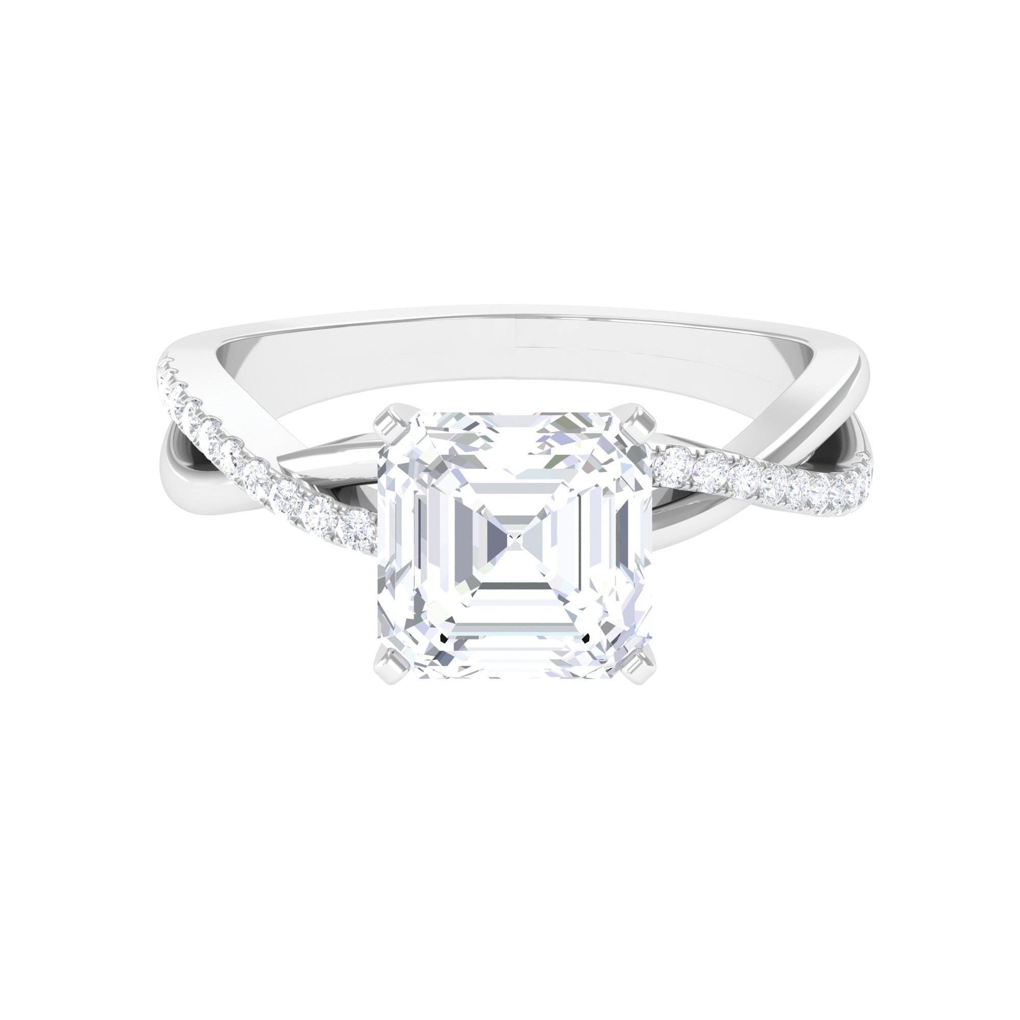 Asscher Cut Moissanite Solitaire Engagement Ring with Twisted Shank Moissanite - ( D-VS1 ) - Color and Clarity - Rosec Jewels