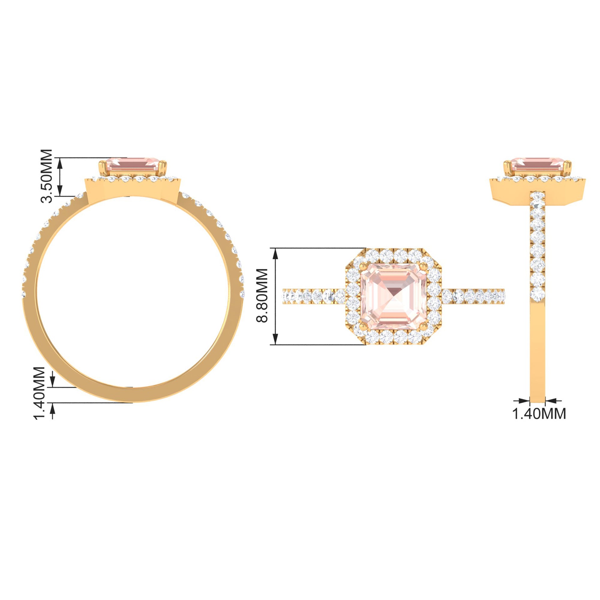 2 CT Asscher Cut Morganite Halo Engagement Ring with Diamond Morganite - ( AAA ) - Quality - Rosec Jewels