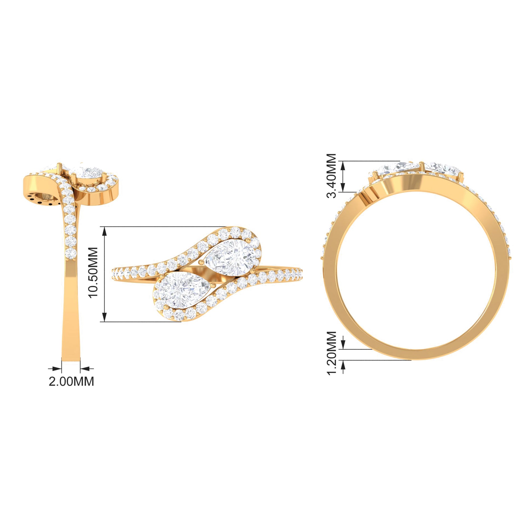 2.5 CT Pear Cut Two Stone Zircon Bypass Engagement Ring Zircon - ( AAAA ) - Quality - Rosec Jewels