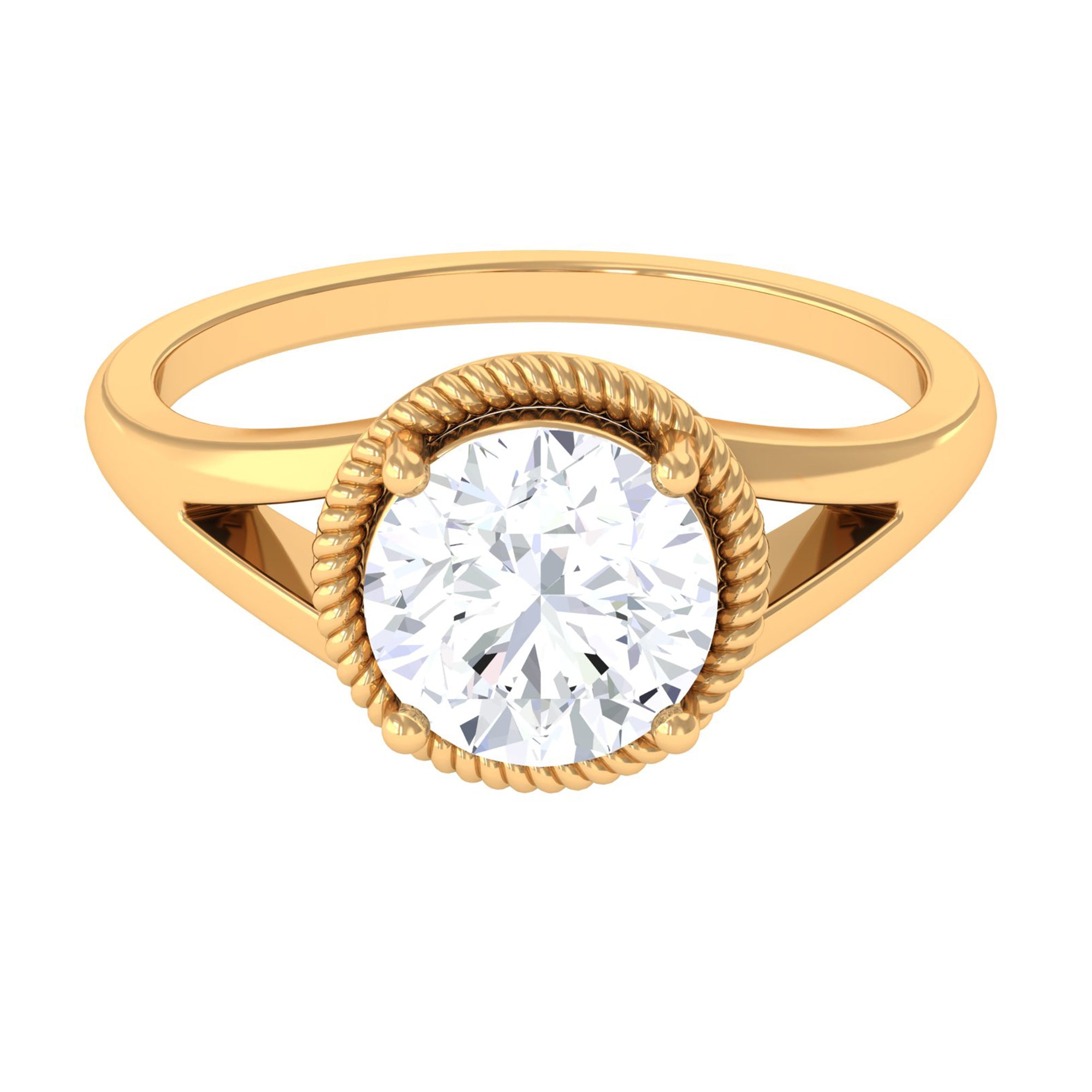 2 CT Round Cubic Zirconia Solitaire Gold Ring in Split Shank Zircon - ( AAAA ) - Quality - Rosec Jewels