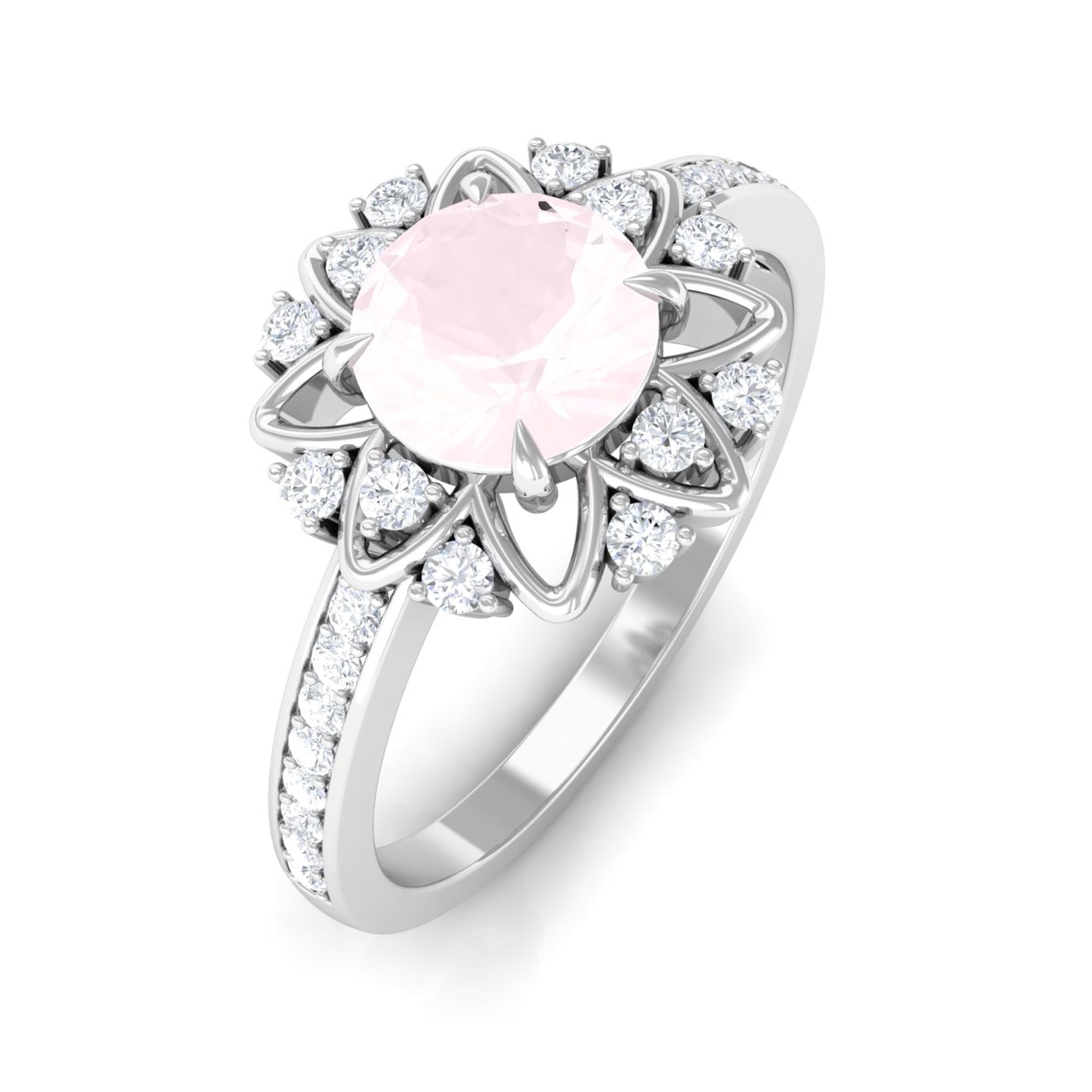 Round Rose Quartz and Diamond Flower Engagement Ring Rose Quartz - ( AAA ) - Quality - Rosec Jewels