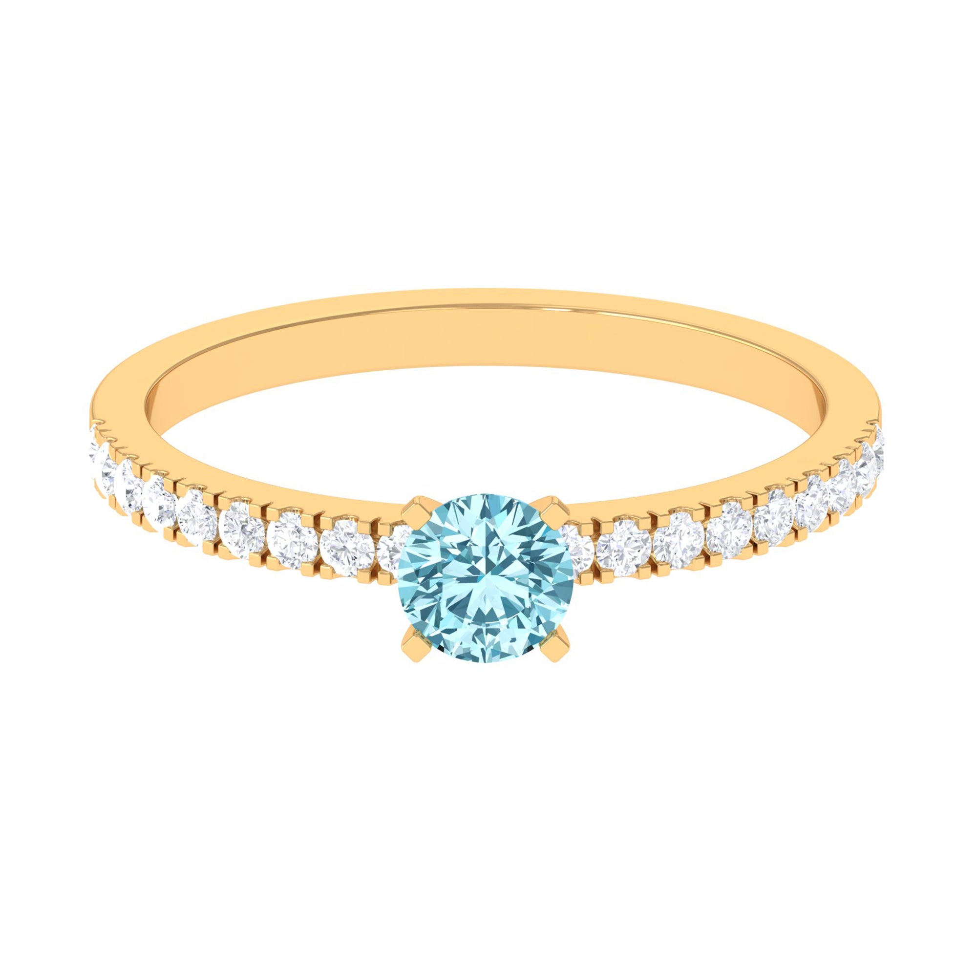 Simple Round Aquamarine Solitaire Ring with Diamond Side Stones Aquamarine - ( AAA ) - Quality - Rosec Jewels