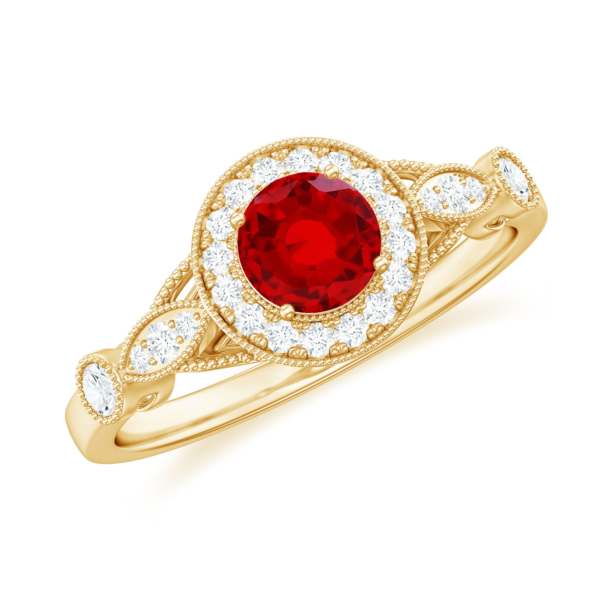 Created Ruby and Diamond Antique Style Engagement Ring Lab Created Ruby - ( AAAA ) - Quality - Rosec Jewels