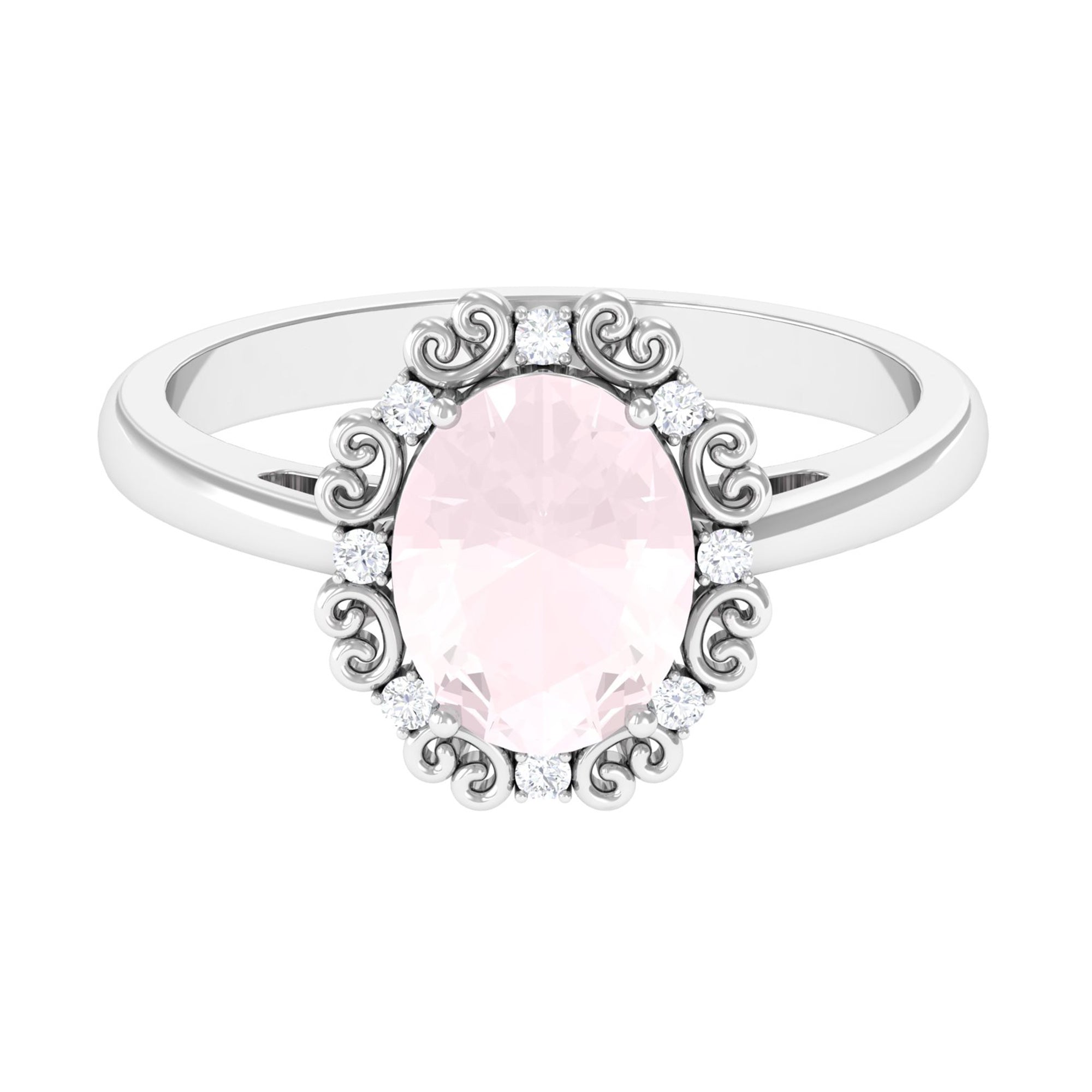 Vintage Inspired Oval Rose Quartz and Diamond Engagement Ring Rose Quartz - ( AAA ) - Quality - Rosec Jewels