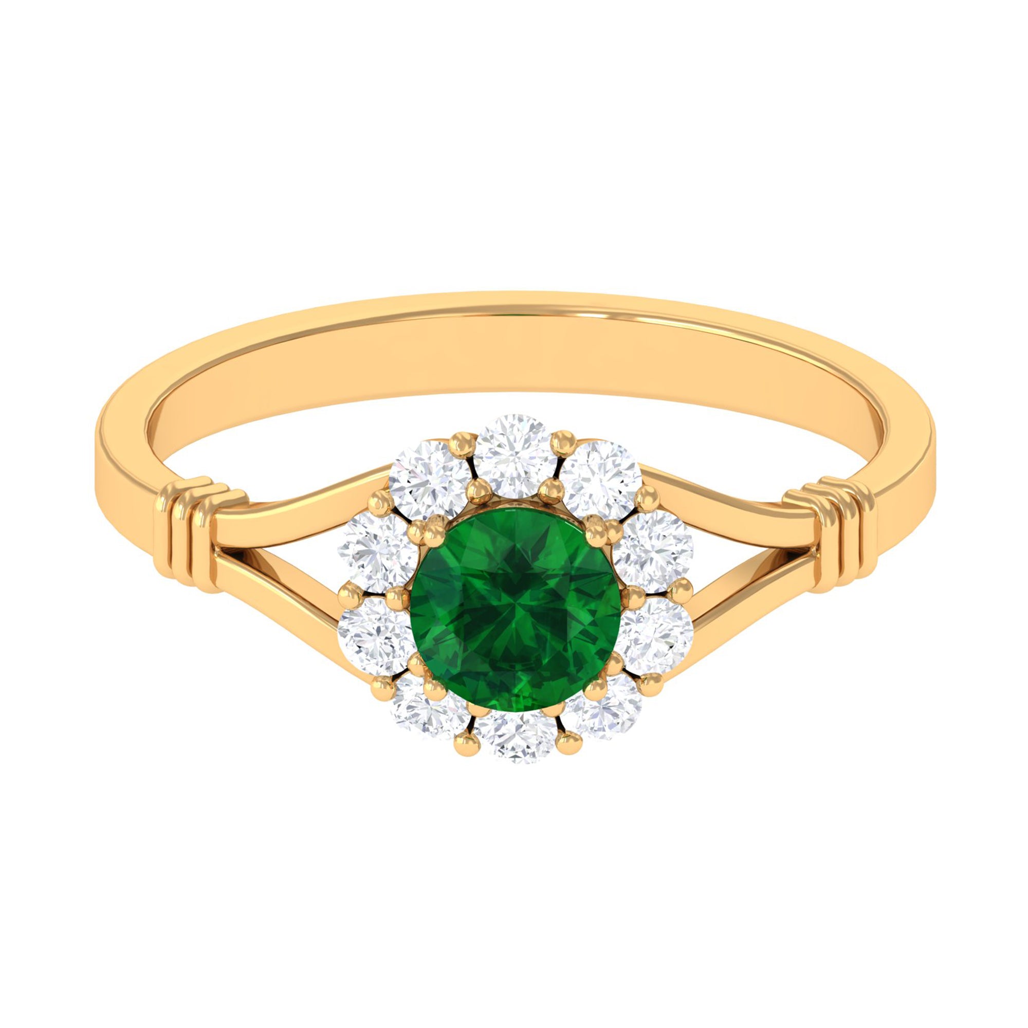 1 CT Round Created Emerald Flower Ring with Diamond Halo in Split Shank Lab Created Emerald - ( AAAA ) - Quality - Rosec Jewels