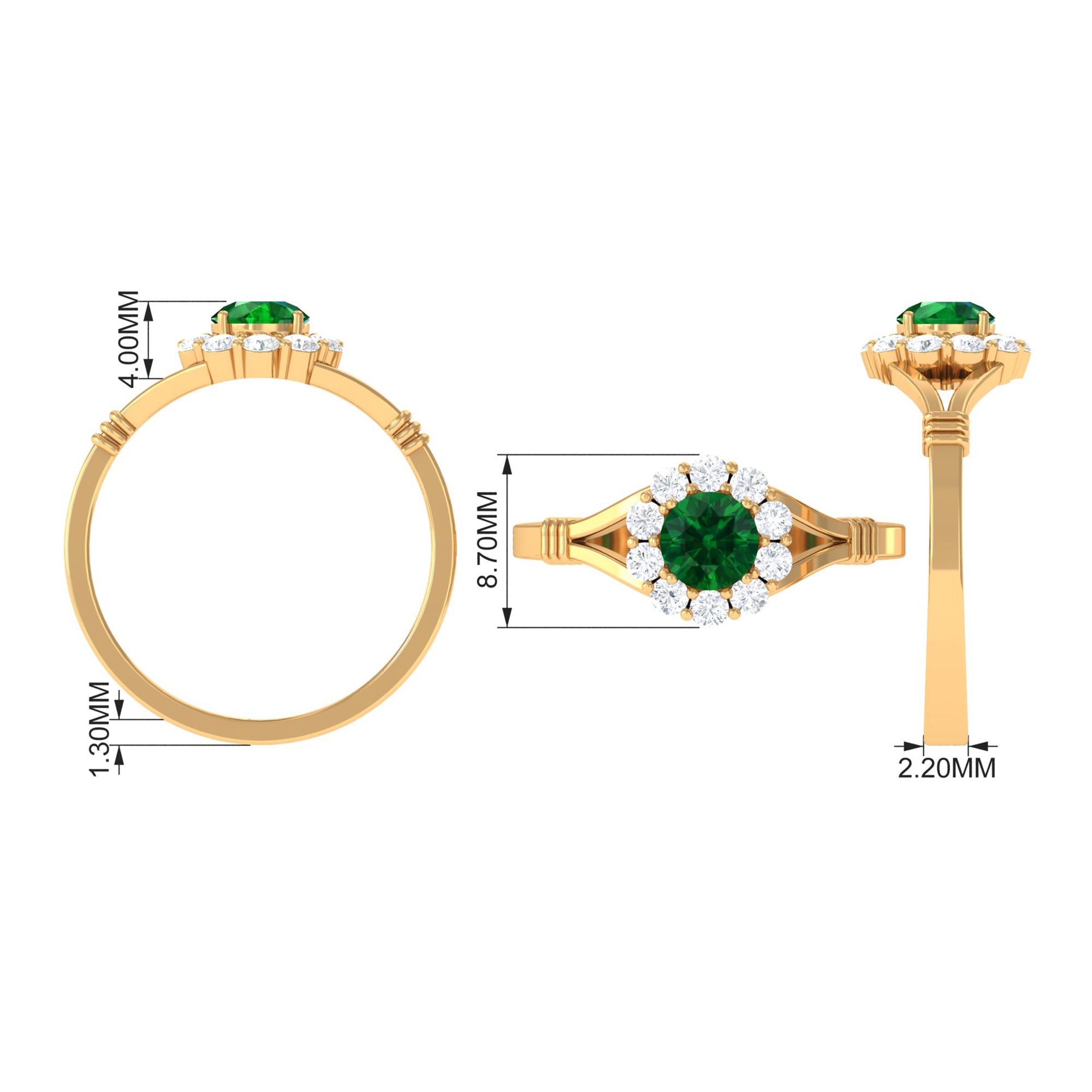 1 CT Round Created Emerald Flower Ring with Diamond Halo in Split Shank Lab Created Emerald - ( AAAA ) - Quality - Rosec Jewels