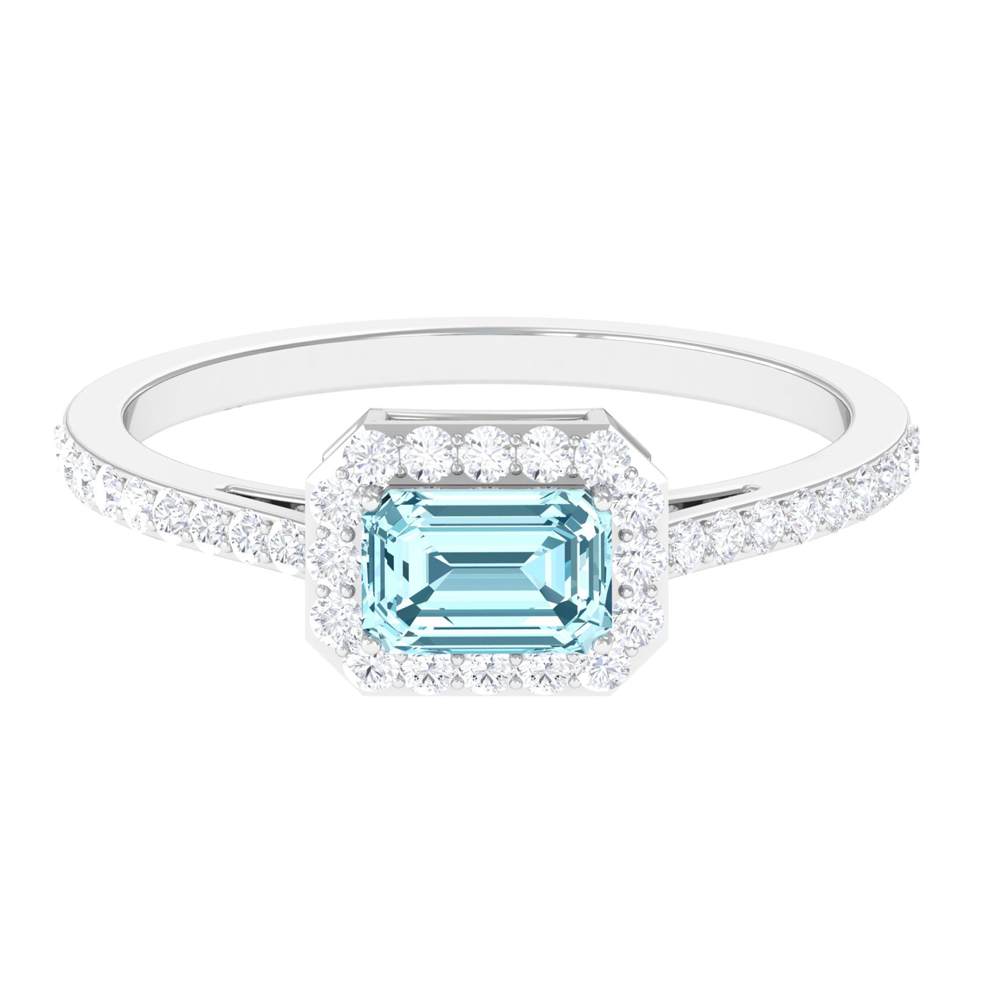 Real Aquamarine Engagement Ring with Diamond Halo Aquamarine - ( AAA ) - Quality - Rosec Jewels