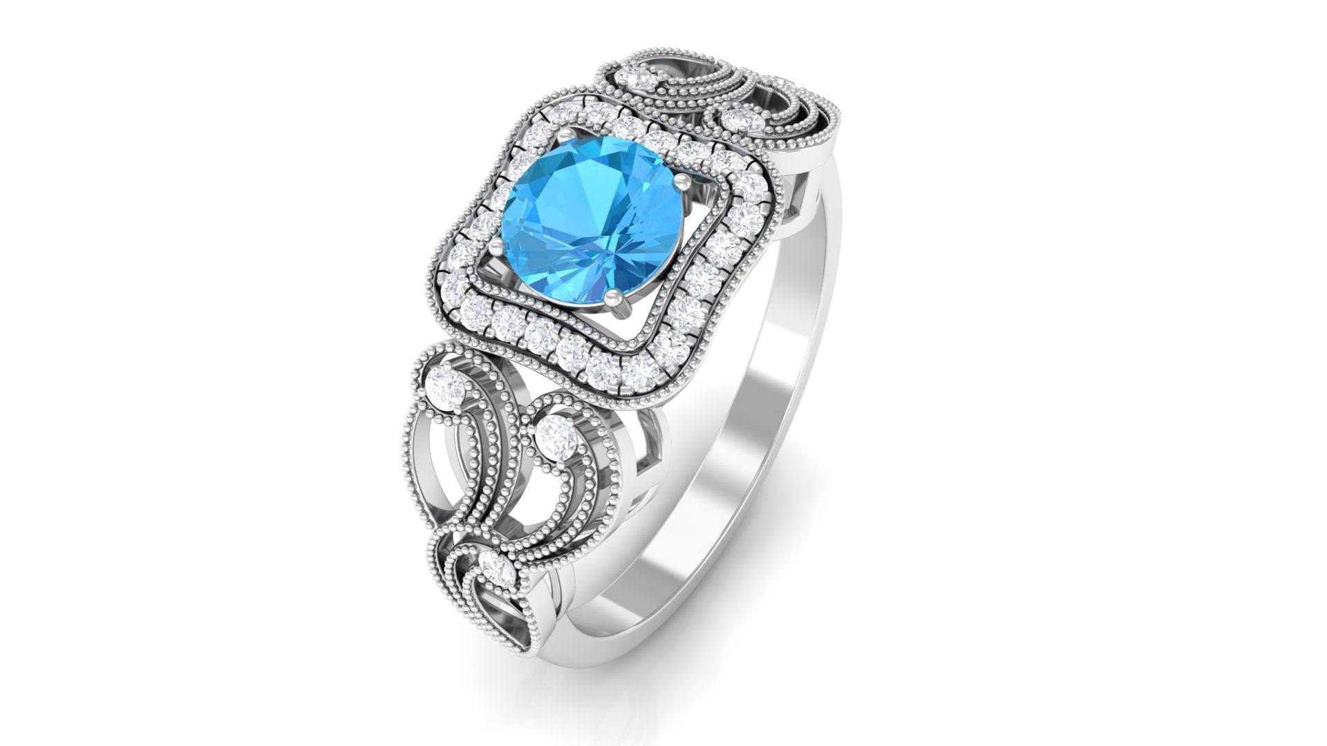 Swiss Blue Topaz Vintage Style Engagement Ring with Diamond Swiss Blue Topaz - ( AAA ) - Quality - Rosec Jewels