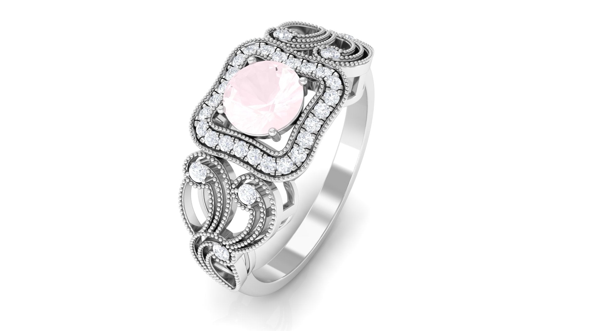 Vintage Rose Quartz and Diamond Milgrain Engagement Ring Rose Quartz - ( AAA ) - Quality - Rosec Jewels