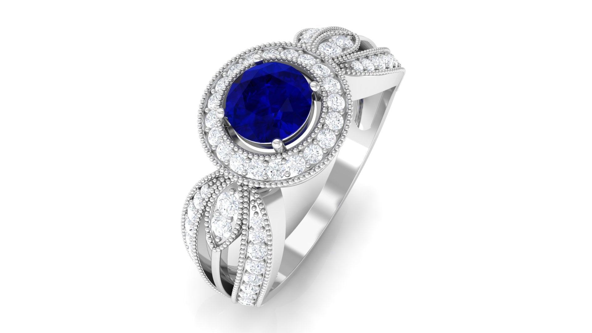 Vintage Inspired Blue Sapphire Engagement Ring with Diamond in Split Shank Blue Sapphire - ( AAA ) - Quality - Rosec Jewels