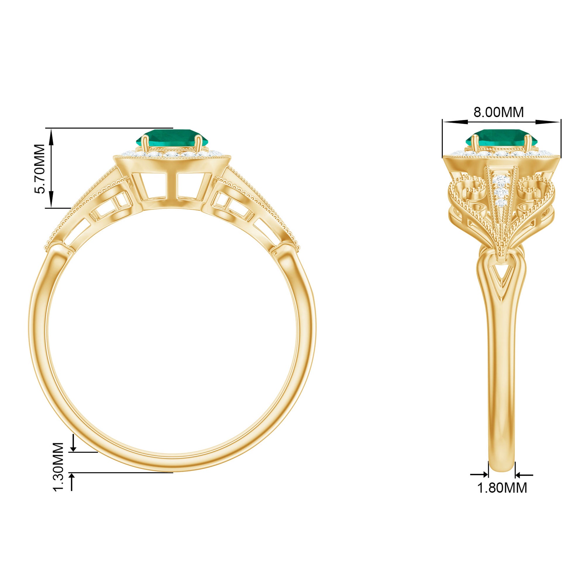 Vintage Created Emerald and Diamond Engagement Ring Lab Created Emerald - ( AAAA ) - Quality - Rosec Jewels