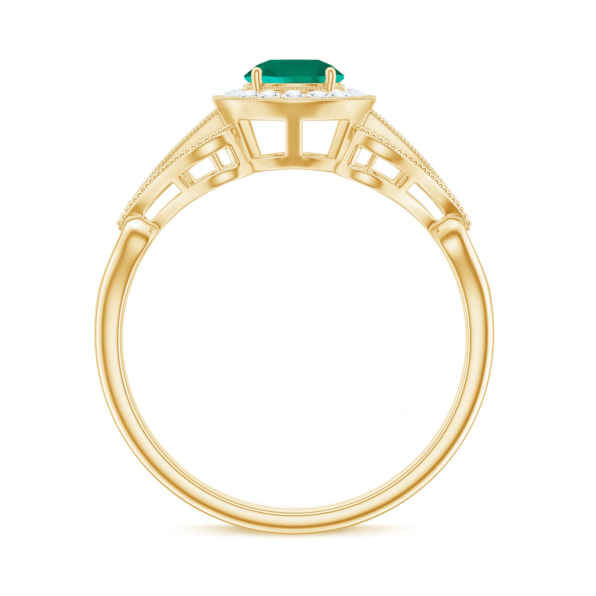 Vintage Created Emerald and Diamond Engagement Ring Lab Created Emerald - ( AAAA ) - Quality - Rosec Jewels