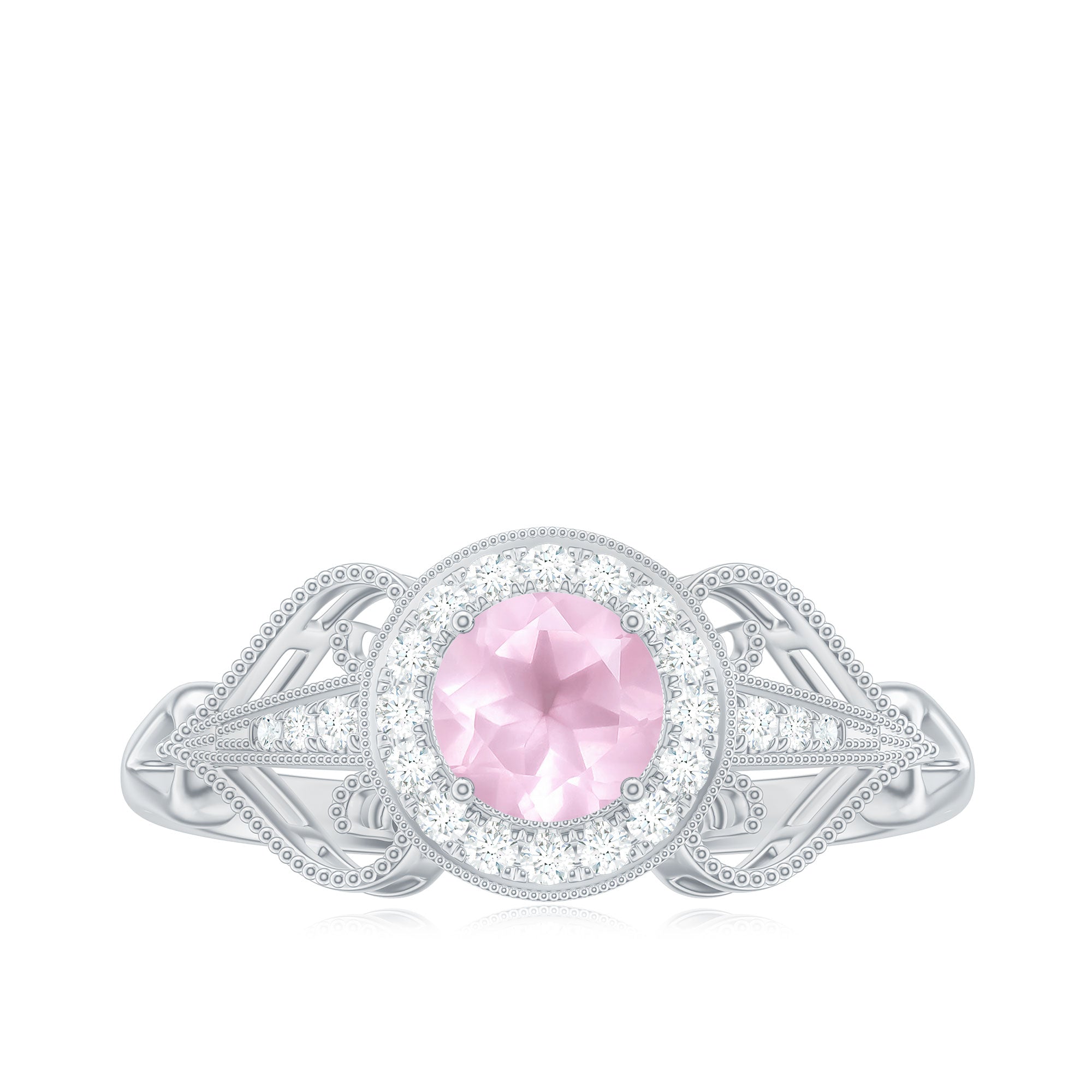 Vintage Rose Quartz Diamond Engagement Ring with Beaded Detail Rose Quartz - ( AAA ) - Quality - Rosec Jewels