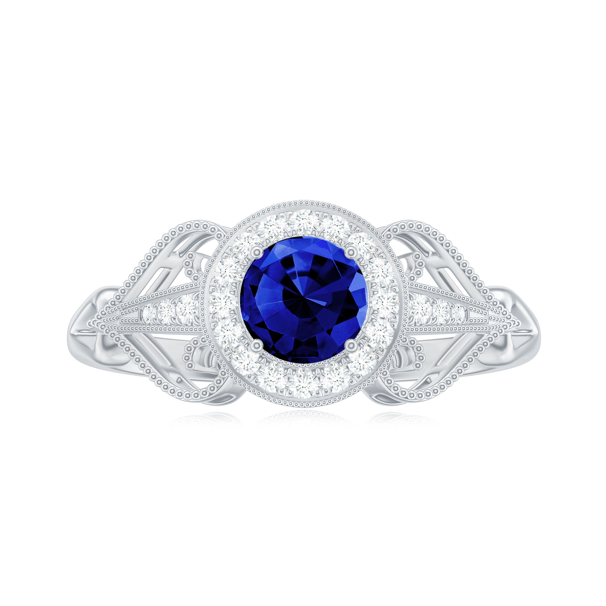 Vintage Lab-Created Blue Sapphire Diamond Engagement Ring Lab Created Blue Sapphire - ( AAAA ) - Quality - Rosec Jewels