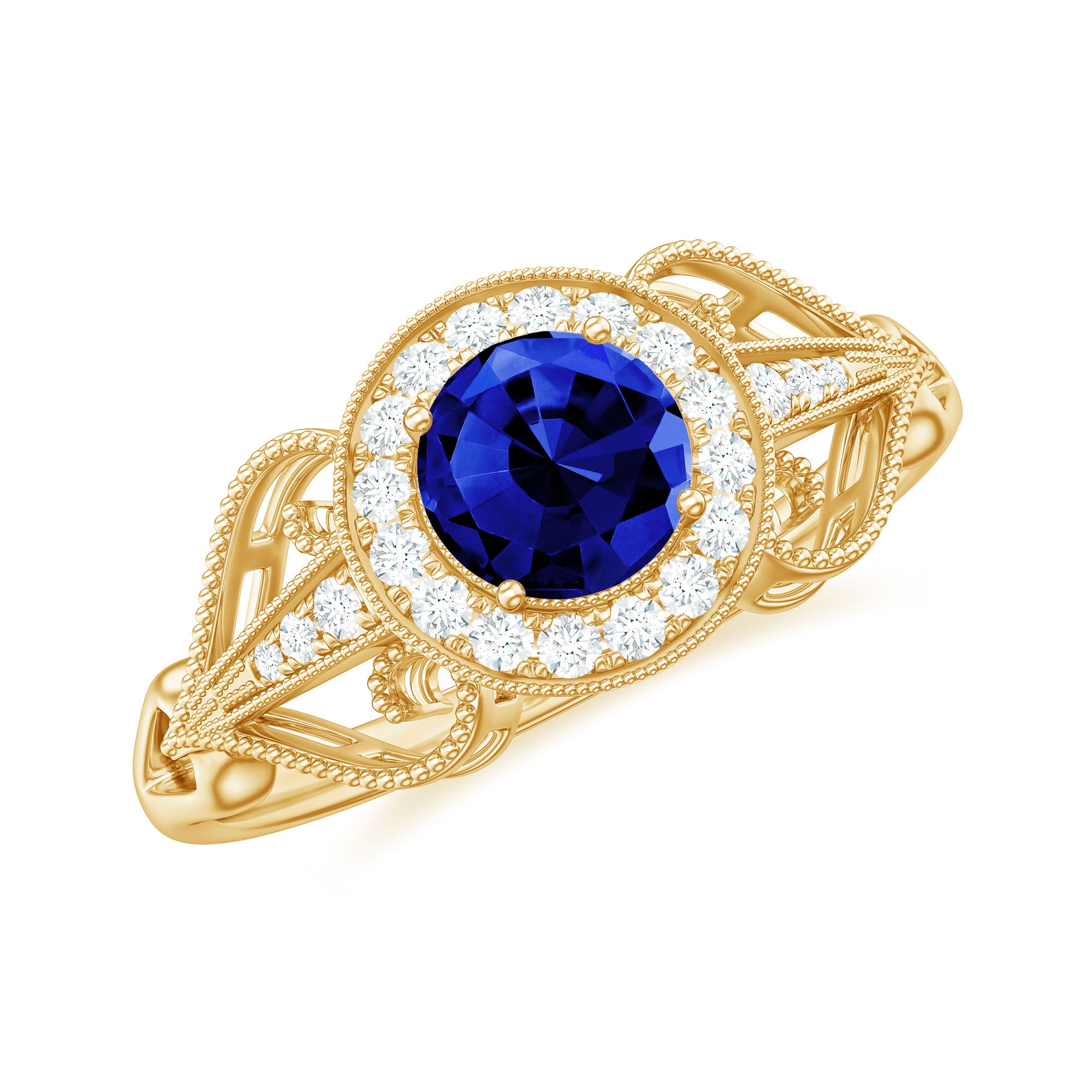 Vintage Lab-Created Blue Sapphire Diamond Engagement Ring Lab Created Blue Sapphire - ( AAAA ) - Quality - Rosec Jewels