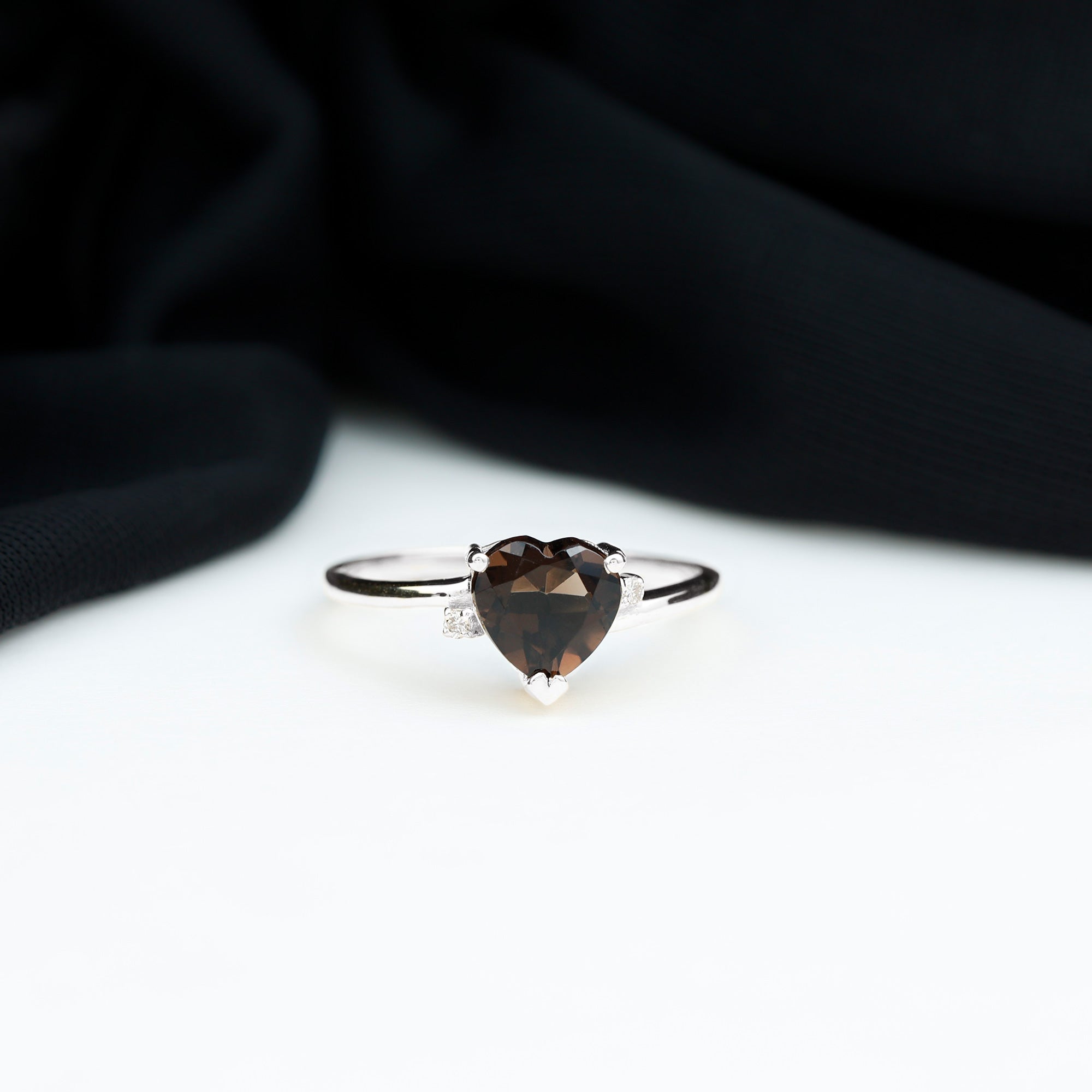 Heart Shape Smoky Quartz Solitaire Promise Ring with Diamond Smoky Quartz - ( AAA ) - Quality - Rosec Jewels