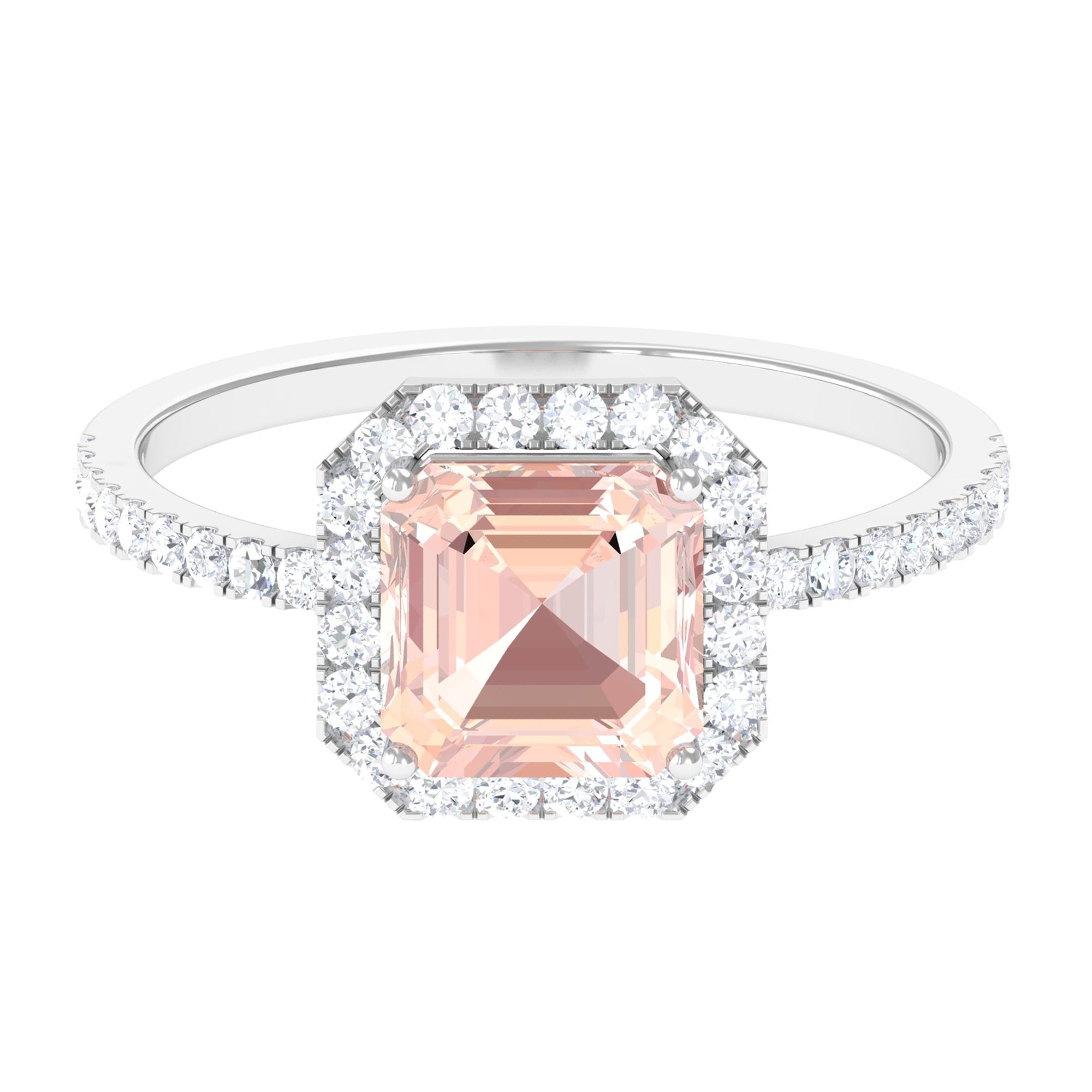 Asscher Cut Morganite Halo Engagement Ring with Diamond Morganite - ( AAA ) - Quality - Rosec Jewels