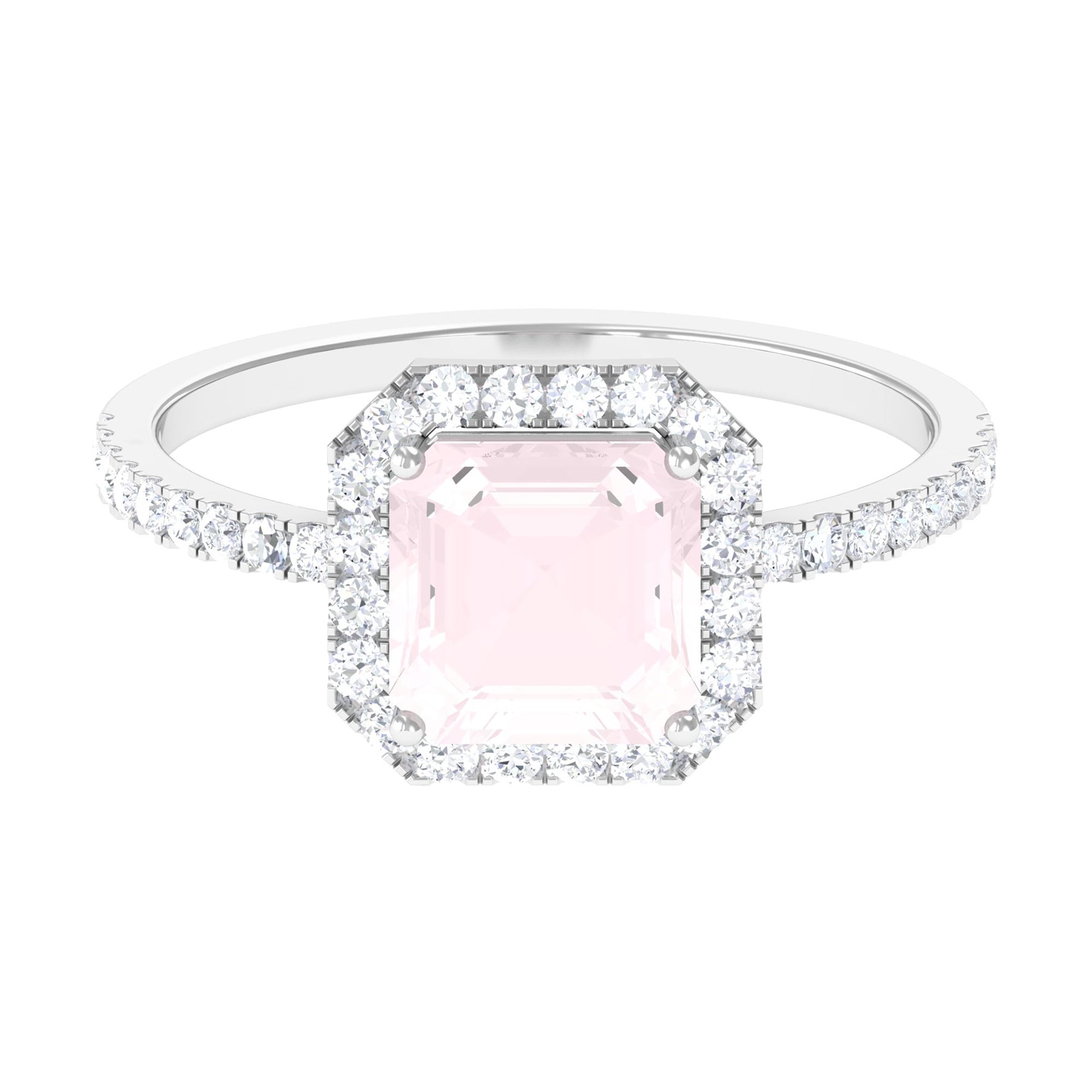 Asscher Cut Rose Quartz Halo Engagement Ring with Diamond Rose Quartz - ( AAA ) - Quality - Rosec Jewels