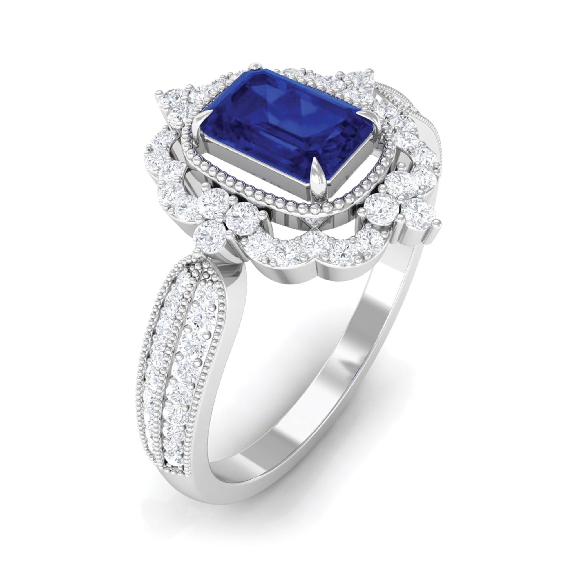 Vintage Style Octagon Blue Sapphire Engagement Ring with Diamond Floral Halo Blue Sapphire - ( AAA ) - Quality - Rosec Jewels