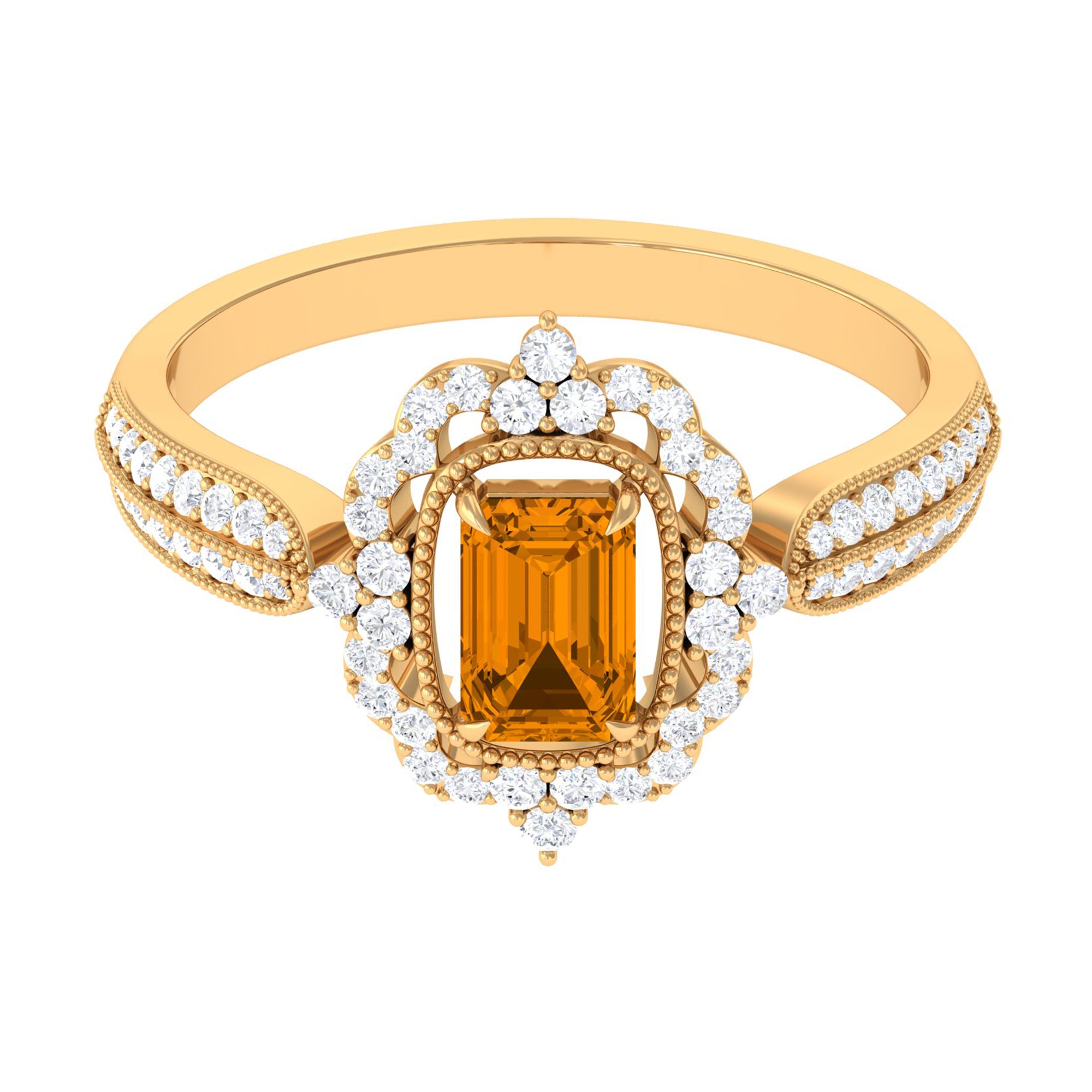 Vintage Style Octagon Citrine Engagement Ring with Moissanite Floral Halo Citrine - ( AAA ) - Quality - Rosec Jewels