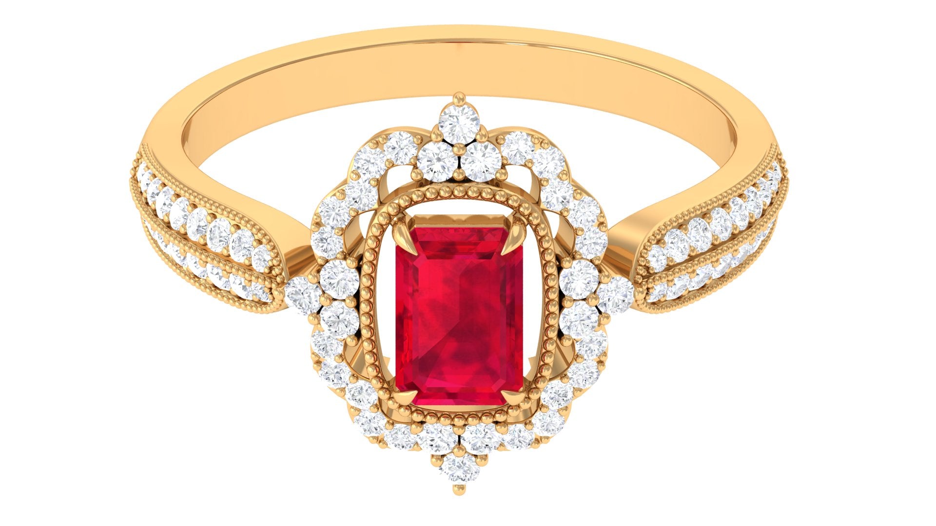 Rosec Jewels-Vintage Style Emerald Cut Created Ruby Engagement Ring with Diamond Floral Halo