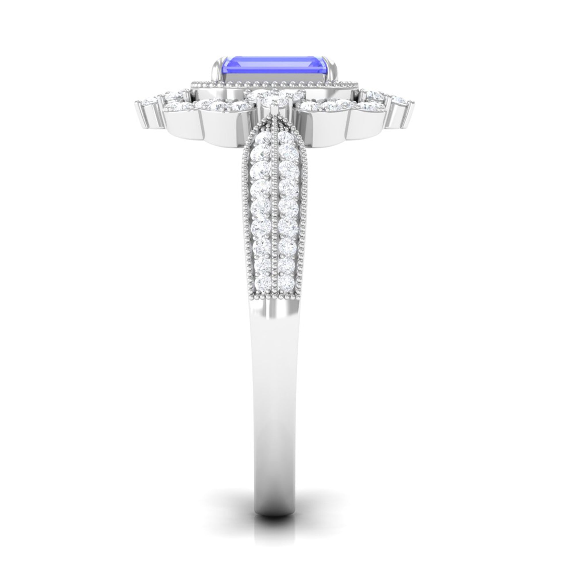 1 CT Vintage Style Emerald Cut Tanzanite Engagement Ring with Diamond Floral Halo Tanzanite - ( AAA ) - Quality - Rosec Jewels