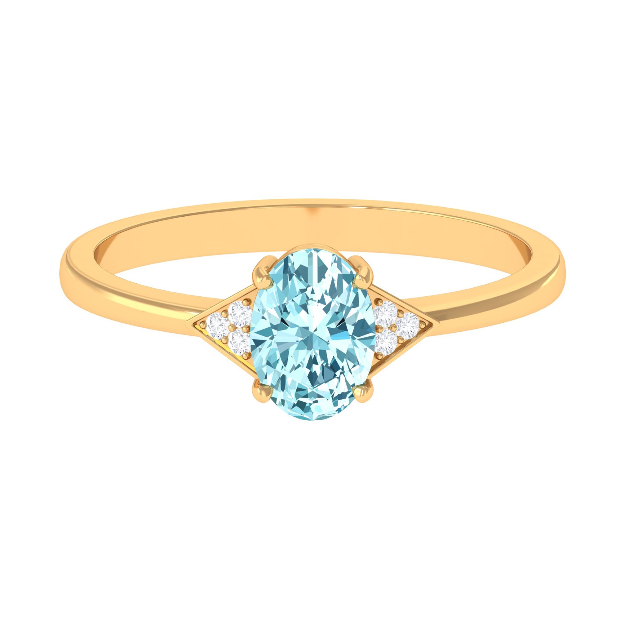 Oval Aquamarine Solitaire Ring with Diamond Accent Aquamarine - ( AAA ) - Quality - Rosec Jewels