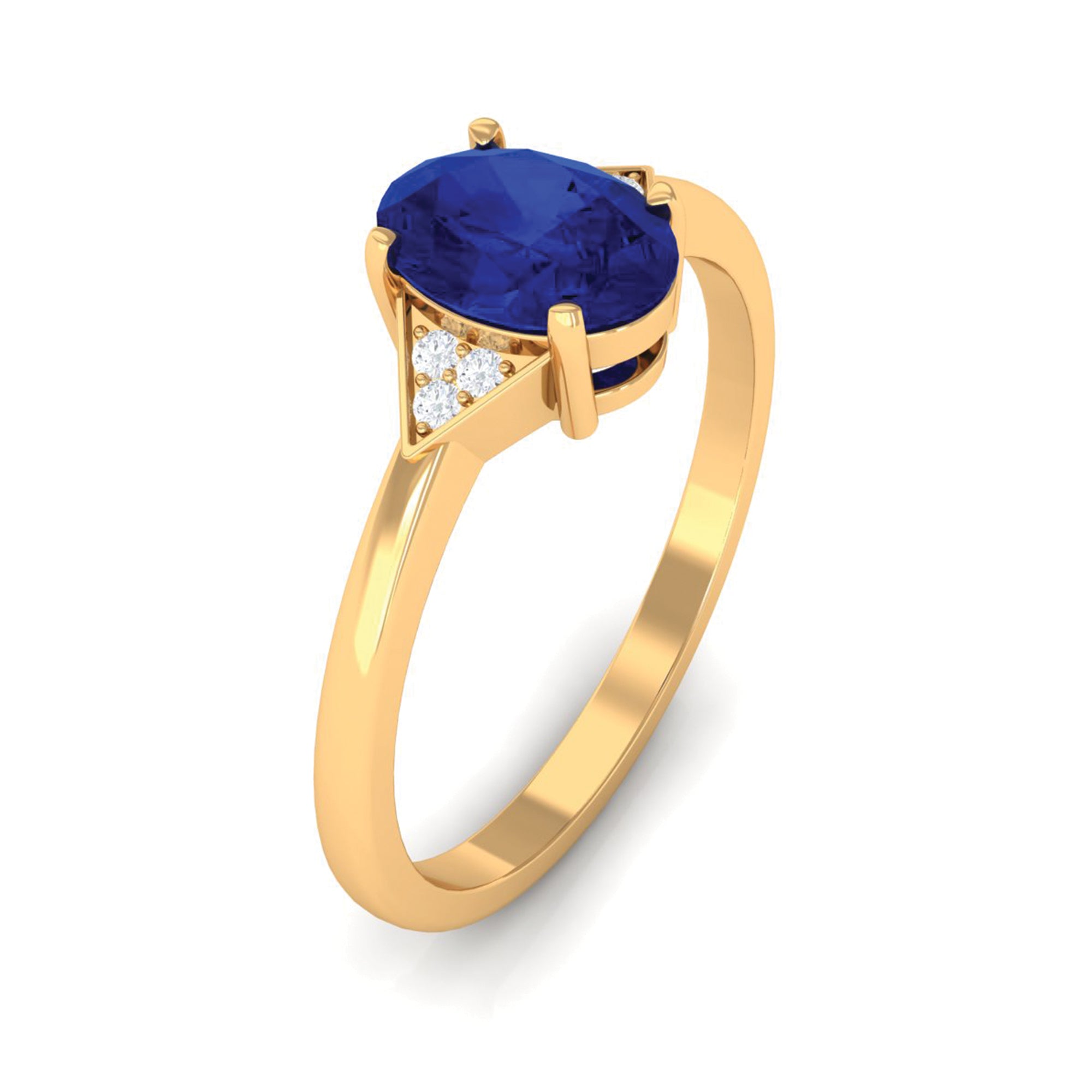 Oval Created Blue Sapphire Solitaire Ring with Diamond Accent Lab Created Blue Sapphire - ( AAAA ) - Quality - Rosec Jewels