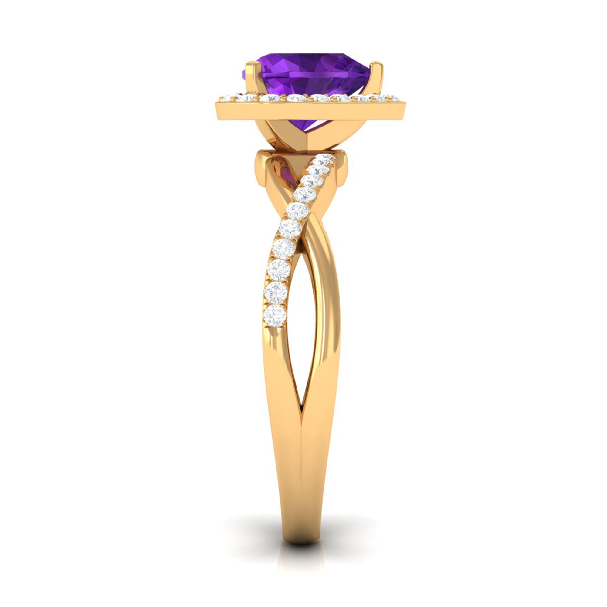 Heart Shape Amethyst Crossover Engagement Ring with Diamond Amethyst - ( AAA ) - Quality - Rosec Jewels