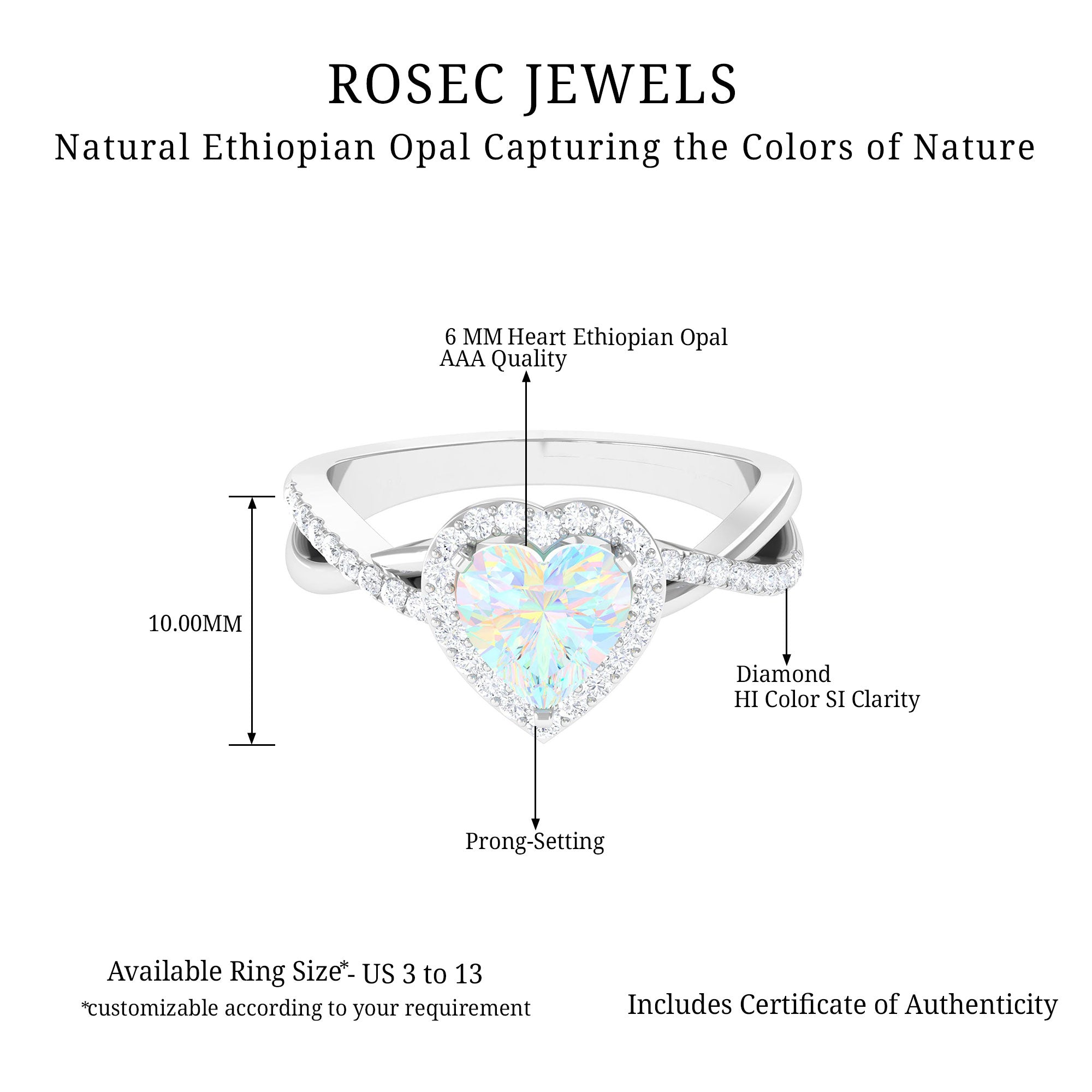 Heart Shape Ethiopian Opal Crossover Engagement Ring with Diamond Ethiopian Opal - ( AAA ) - Quality - Rosec Jewels