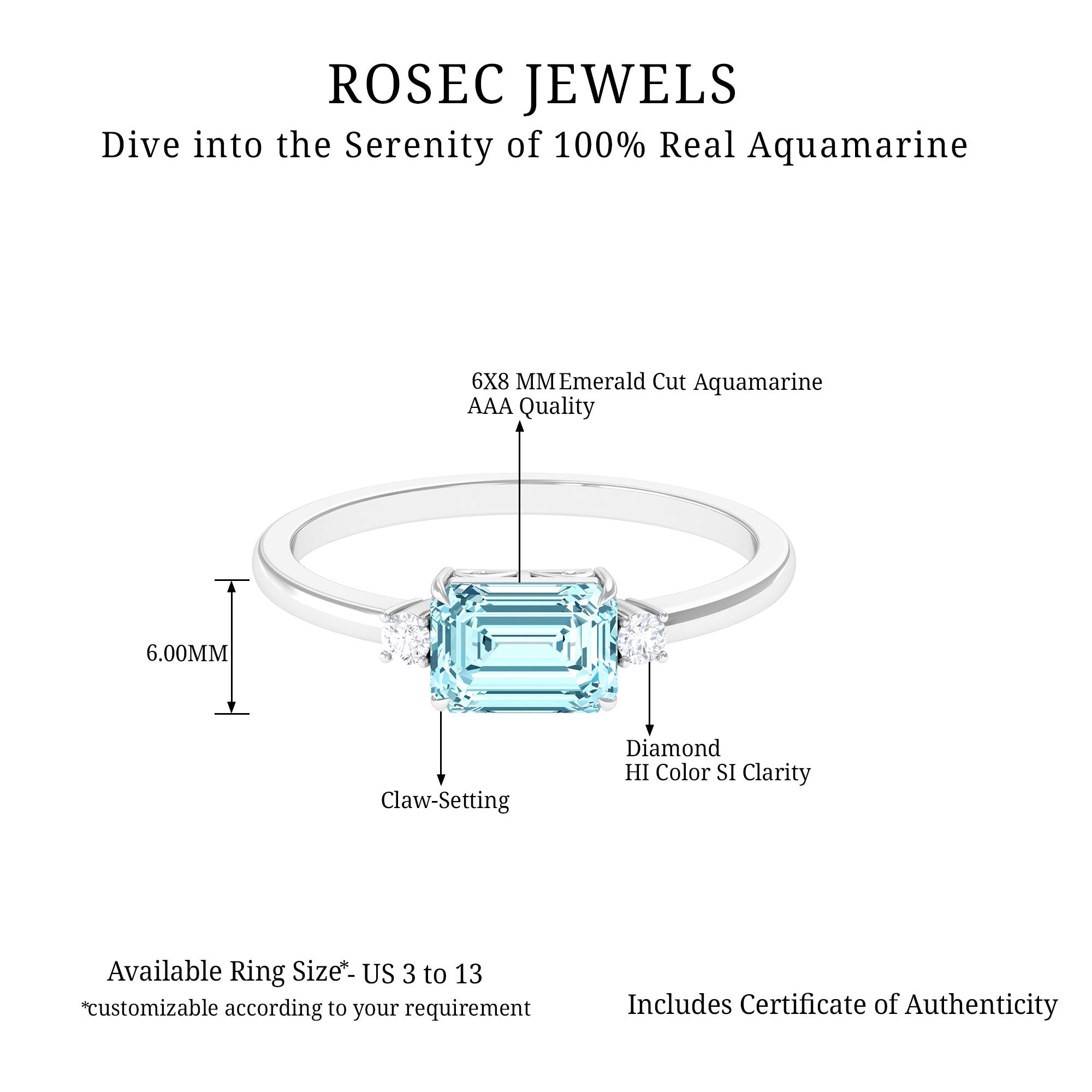 Emerald Cut Aquamarine Solitaire Engagement Ring in East West Style with Diamond Aquamarine - ( AAA ) - Quality - Rosec Jewels