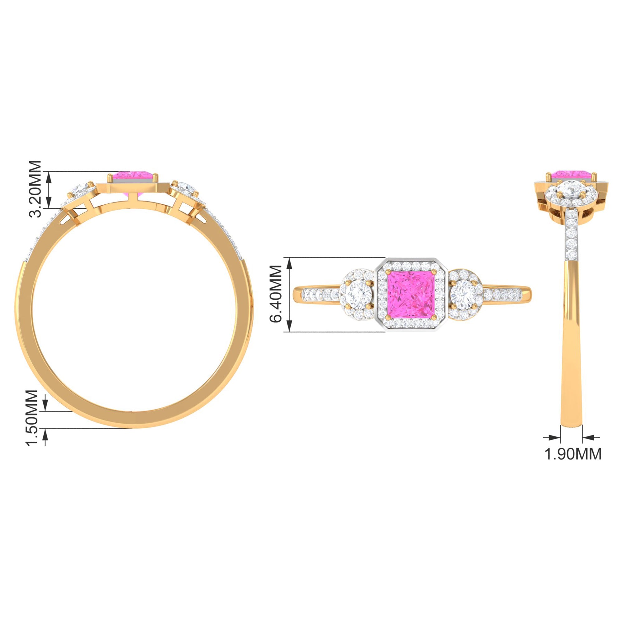 Princess Cut Pink Sapphire Engagement Ring with Diamond Halo Pink Sapphire - ( AAA ) - Quality - Rosec Jewels