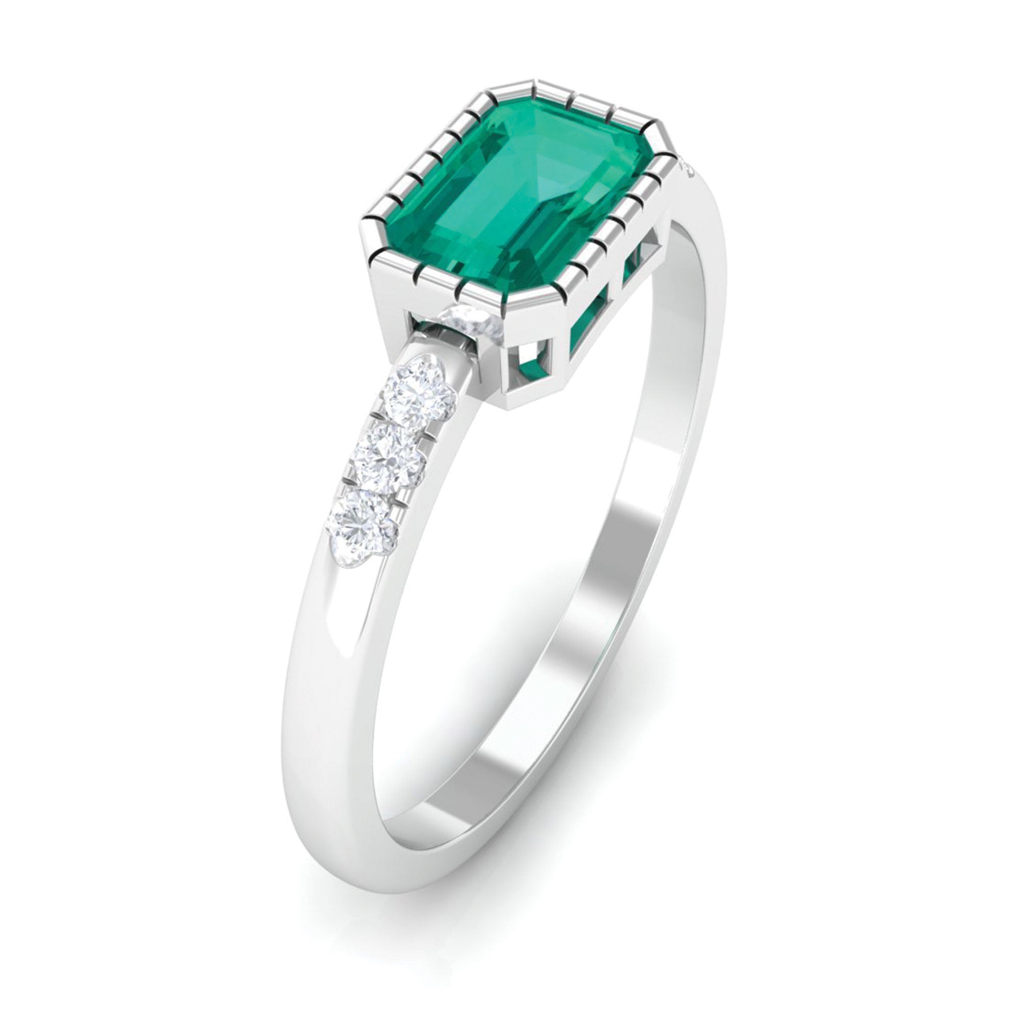 Octagon Cut Emerald East West Engagement Ring with Diamond Accent Emerald - ( AAA ) - Quality - Rosec Jewels