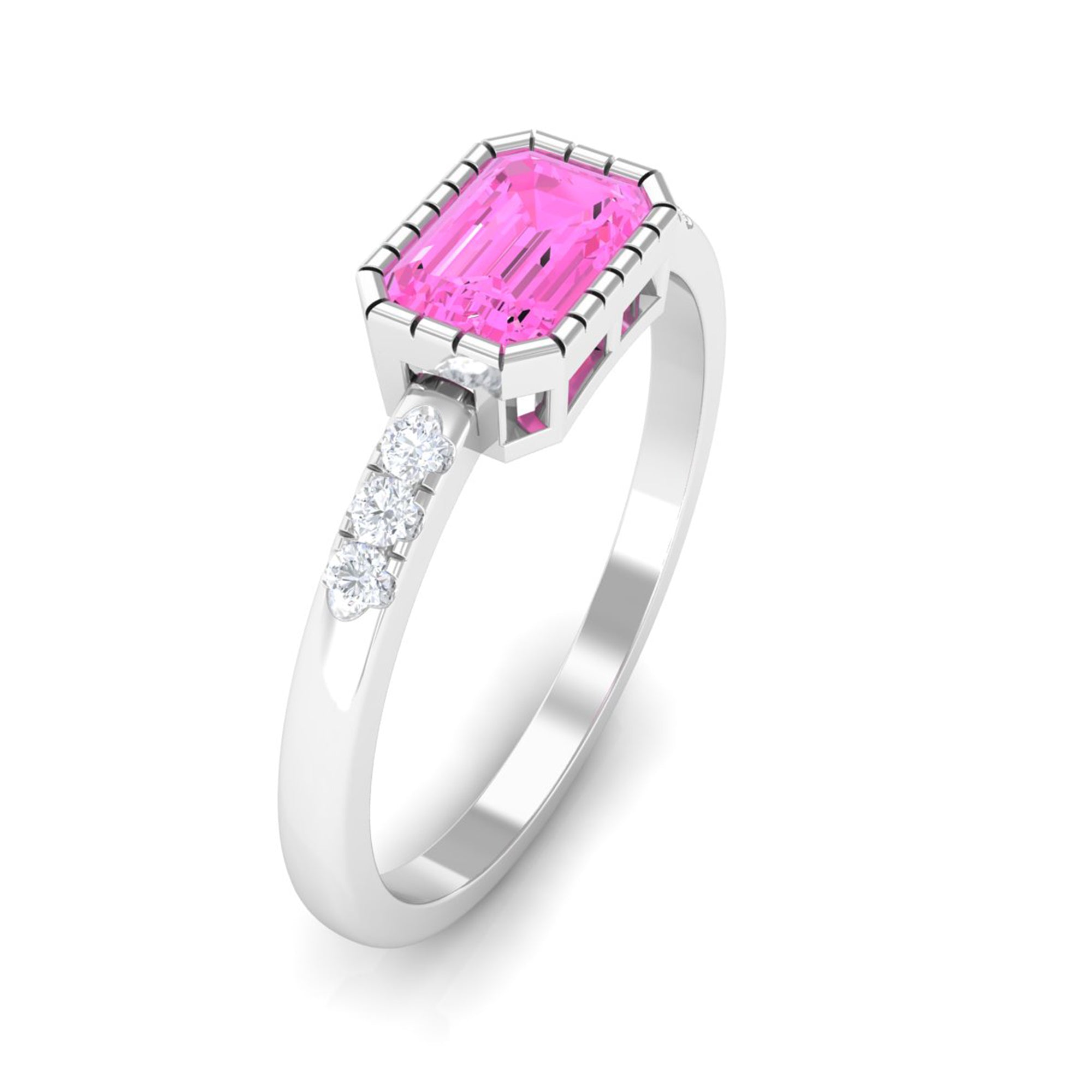 Emerald Cut Pink Sapphire East West Engagement Ring with Diamond Pink Sapphire - ( AAA ) - Quality - Rosec Jewels