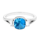 Cushion Cut Swiss Blue Topaz Solitaire Ring with Diamond in Split Shank Swiss Blue Topaz - ( AAA ) - Quality - Rosec Jewels