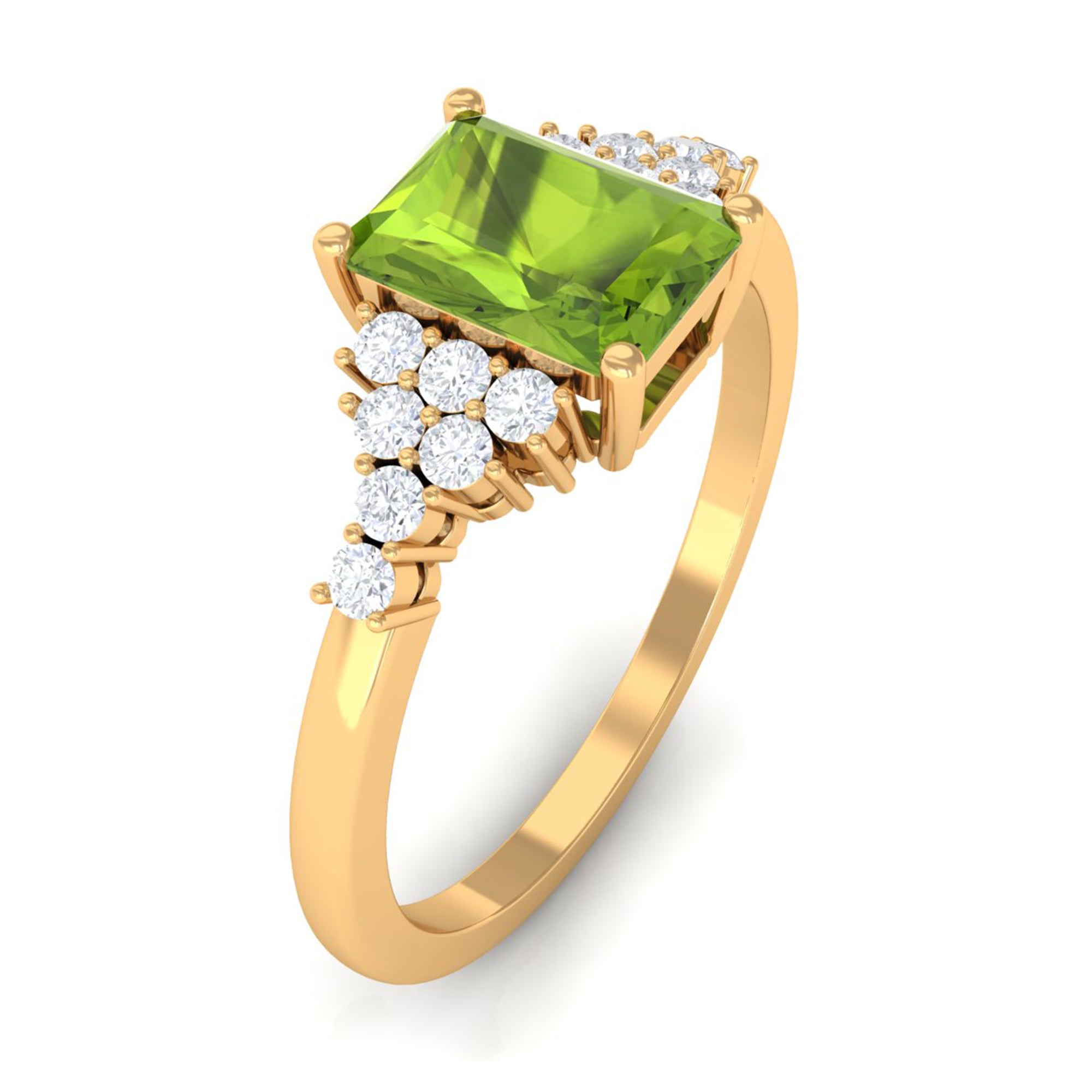 Emerald Cut Peridot and Diamond Solitaire Engagement Ring Peridot - ( AAA ) - Quality - Rosec Jewels