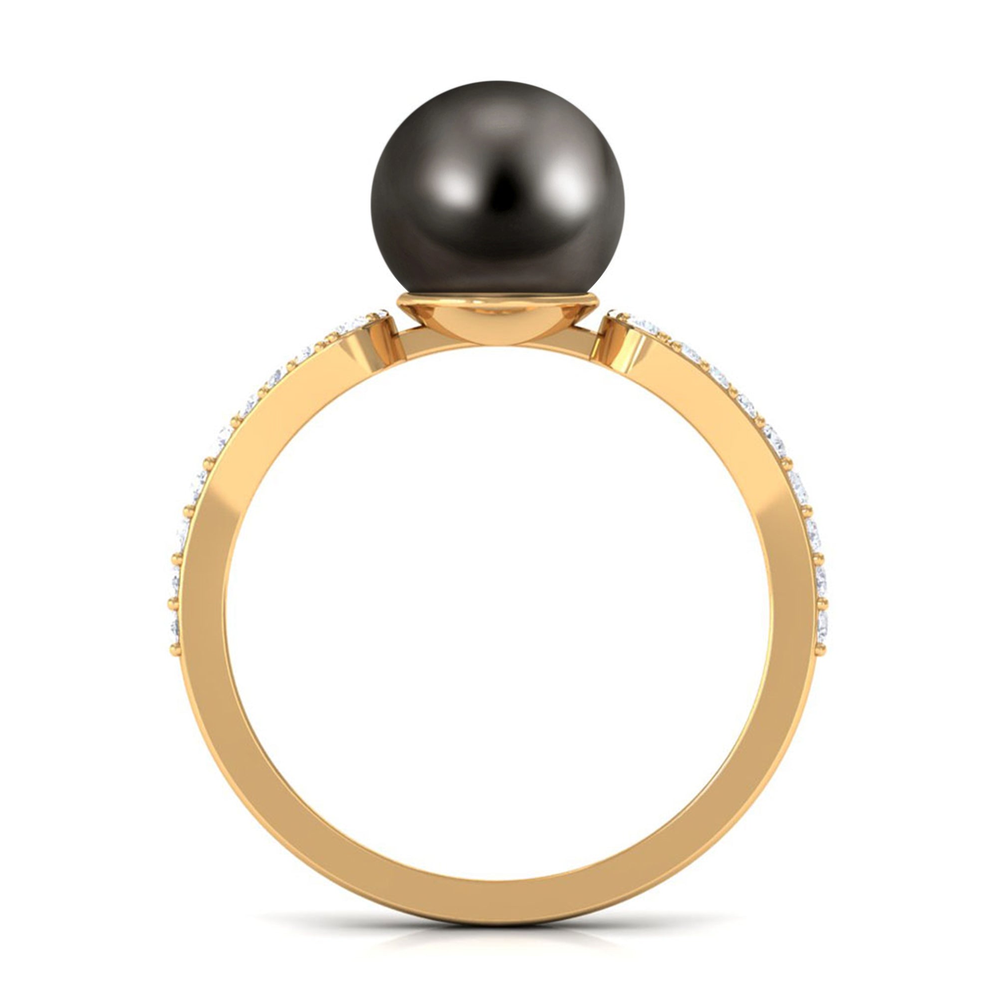 Round Tahitian Pearl Solitaire Engagement Ring with Diamond Tahitian pearl - ( AAA ) - Quality - Rosec Jewels