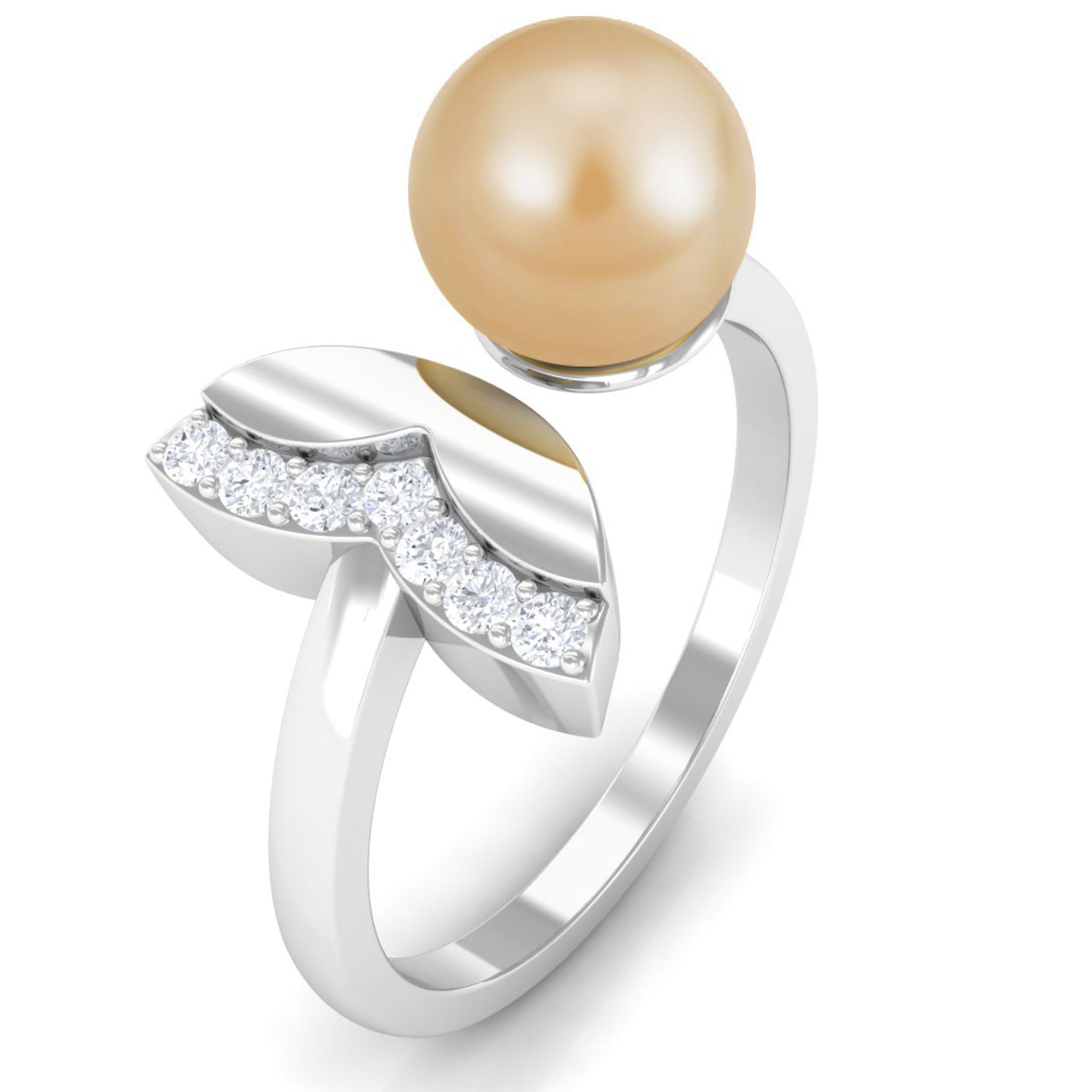 Round South Sea Pearl Solitaire Cuff Ring with Diamond South Sea Pearl - ( AAA ) - Quality - Rosec Jewels