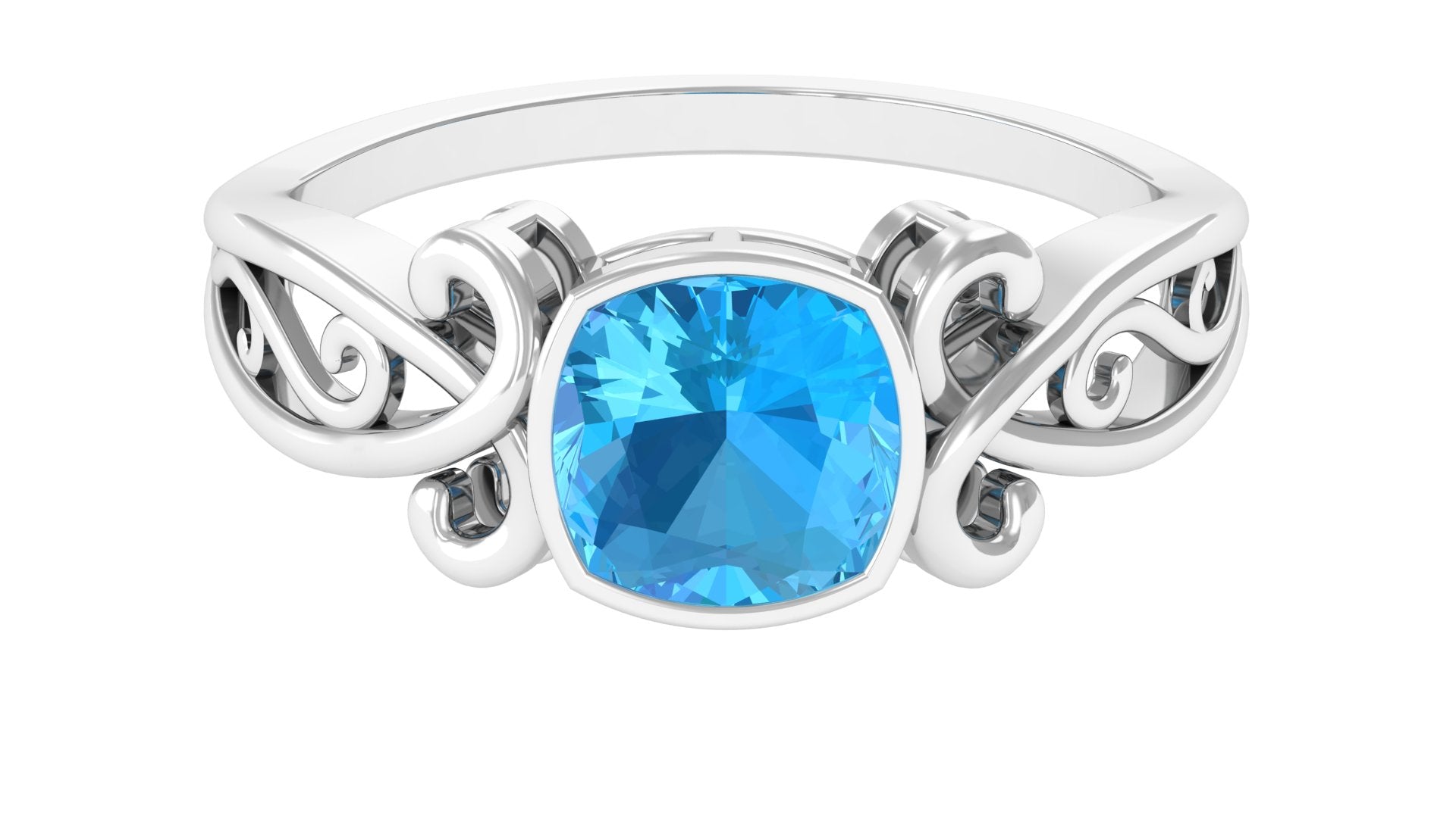 Cushion Cut Swiss Blue Topaz Vintage Solitaire Ring in Bezel Setting Swiss Blue Topaz - ( AAA ) - Quality - Rosec Jewels