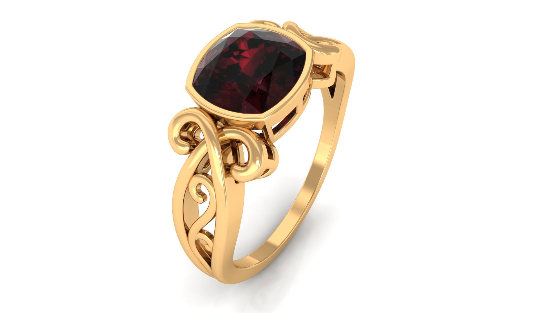 Vintage Style Cushion Garnet Solitaire Ring in Bezel Setting Garnet - ( AAA ) - Quality - Rosec Jewels