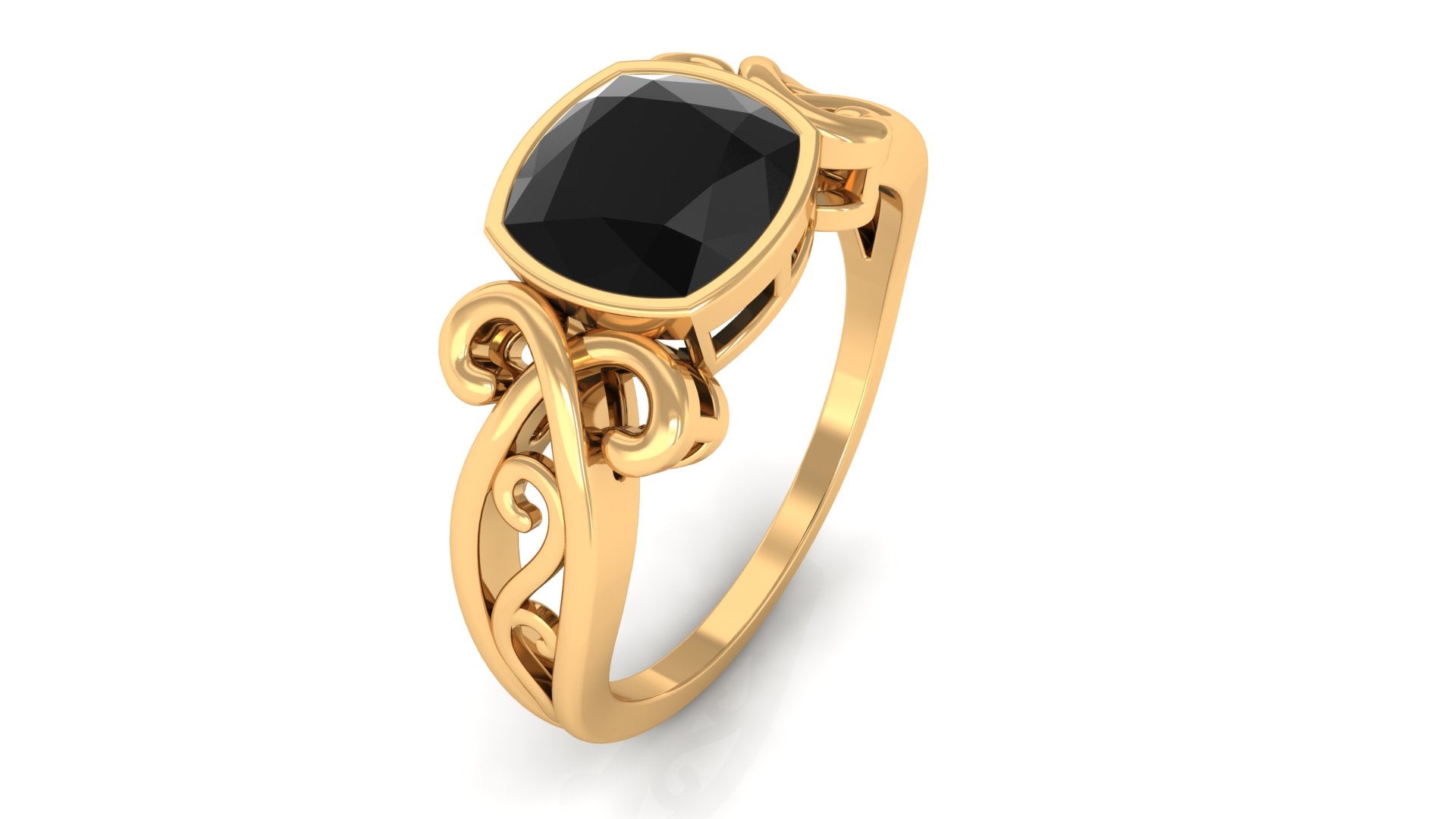 Cushion Black Spinel Solitaire Vintage Inspired Ring in Bezel Setting Black Spinel - ( AAA ) - Quality - Rosec Jewels