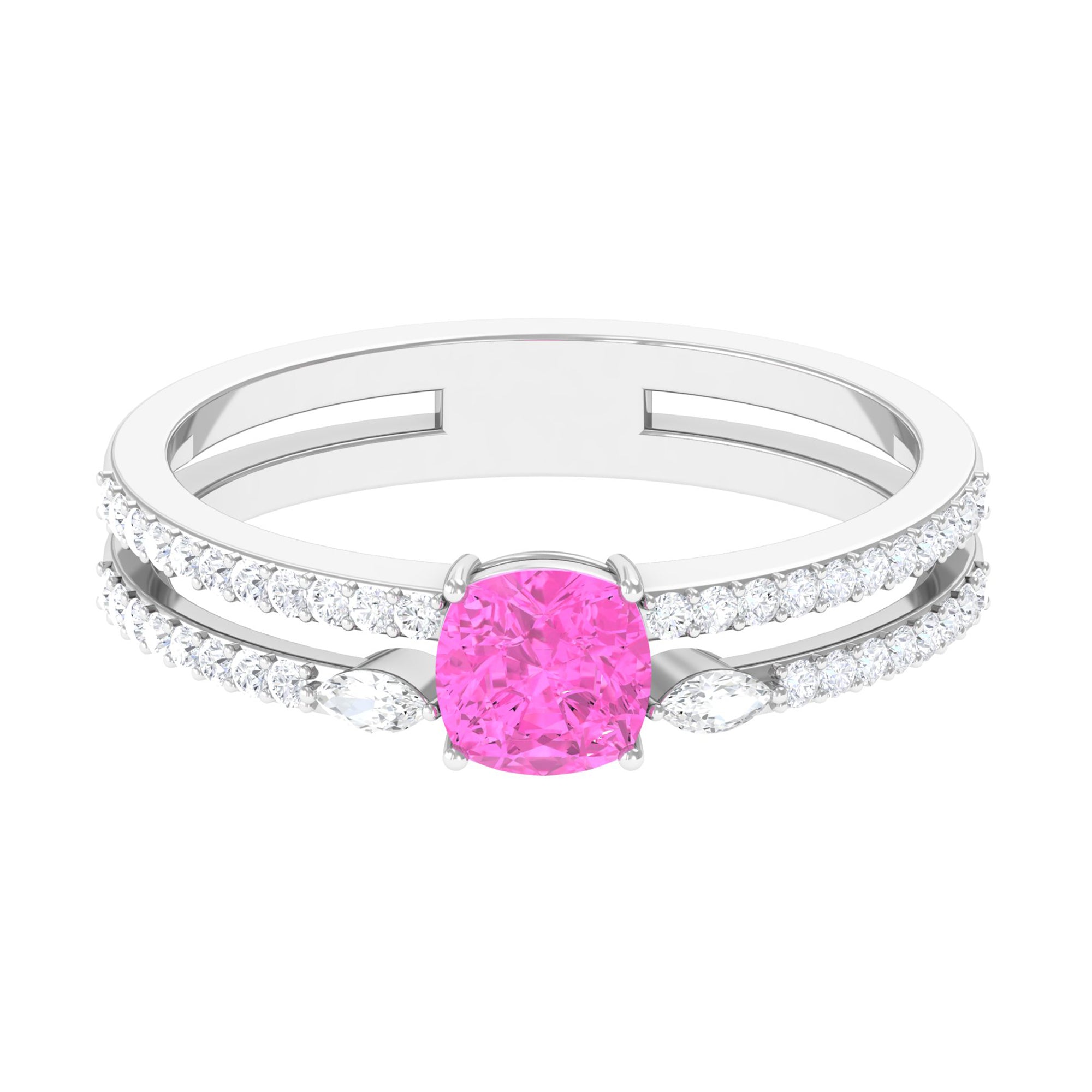 Created Pink Sapphire and Diamond Anniversary Double Band Ring Lab Created Pink Sapphire - ( AAAA ) - Quality - Rosec Jewels