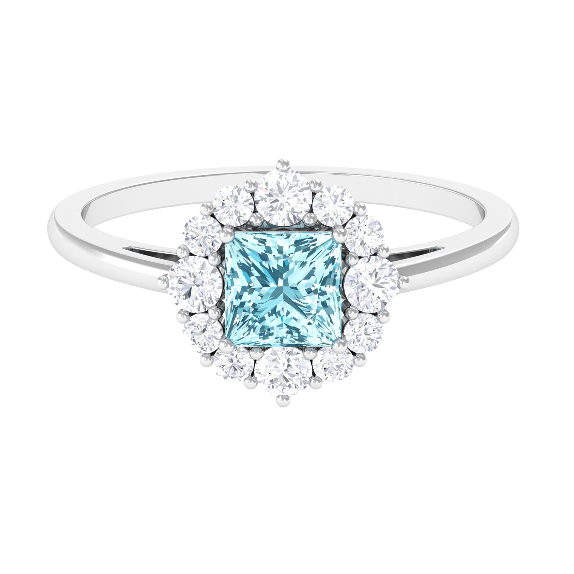 Princess Cut Aquamarine Engagement Ring with Diamond Halo Aquamarine - ( AAA ) - Quality - Rosec Jewels