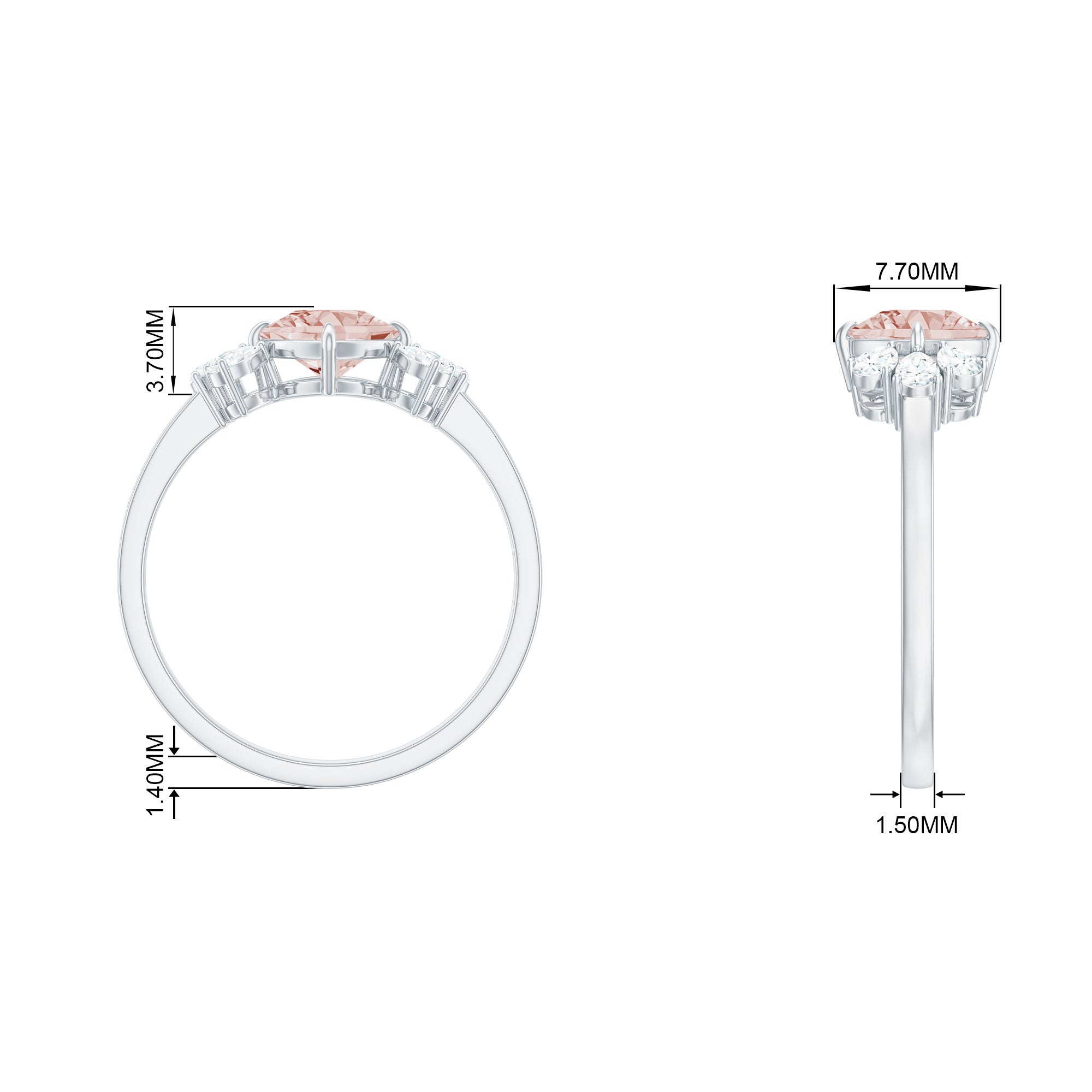 Cushion Cut Morganite Solitaire Ring with Diamond Trio Morganite - ( AAA ) - Quality - Rosec Jewels