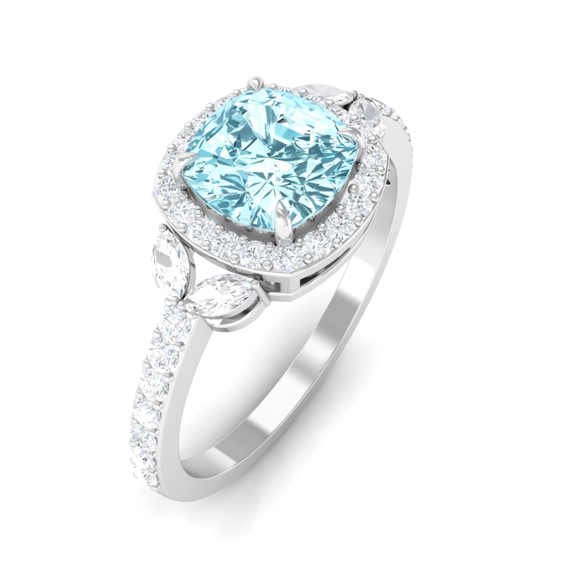 Real Aquamarine Halo Engagement Ring with Diamond Aquamarine - ( AAA ) - Quality - Rosec Jewels